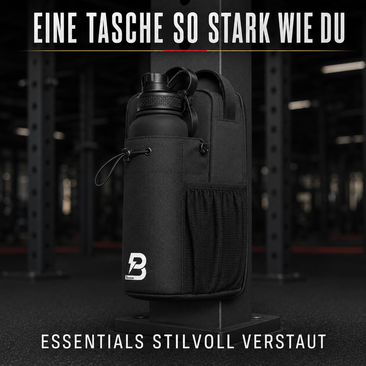 Benson Sac de fitness magnétique - Sac banane avec fixation magnétique puissante - Porte-bouteille pour bouteilles jusqu'à 3000 ml - Compartiment pour téléphone portable - Mousqueton - Pour homme et