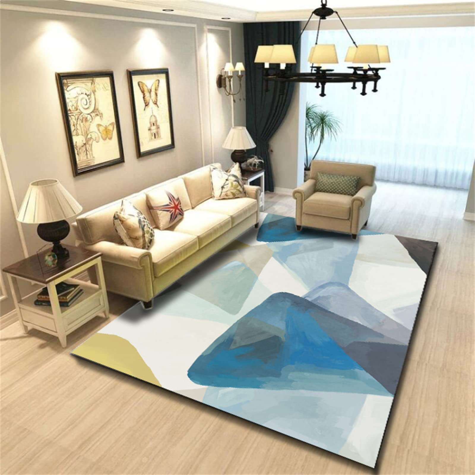 Tapis éveil pour bébé et décoration grand salon bleu moderne en harmonie avec vos carreaux de ciment
