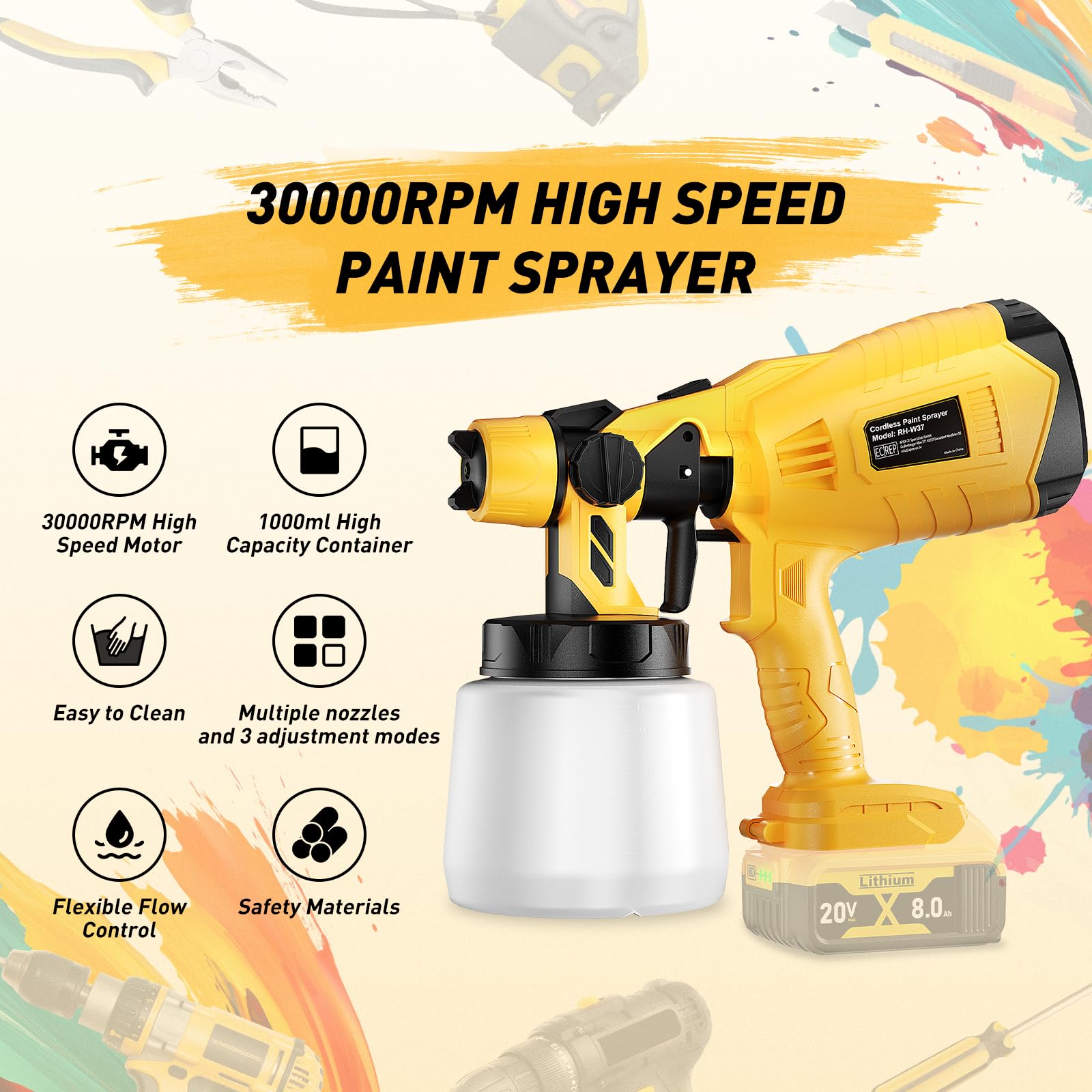 Pulverizador de Pintura Inalámbrico para dewalt 18v 20v Batería, pulverizador de Pintura inalámbrico para Vallas y terrazas, Pistola pulverizadora de Pintura a Mano (sin batería)