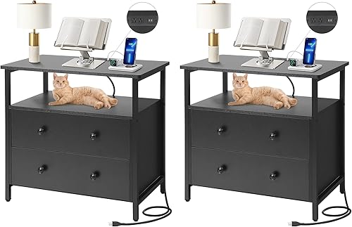 Miniatura 27 de Mesita de noche de 27 pulgadas de ancho con estación de carga, mesita de noche con estante abierto, cómoda pequeña de madera con 2 cajones, mesita