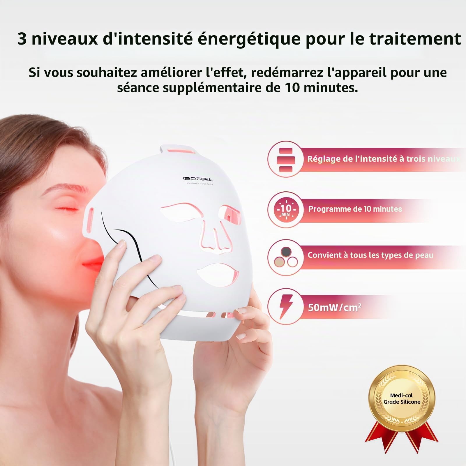 Masque Visage LED, Luminothérapie Infrarouge Proche de la Mâchoire | Masque Facial Beauté avec 400 LEDs Rouge & Bleu & Jaune, Soins de la Peau à Domicile et en Voyage, 3 Modes avec Télécommande