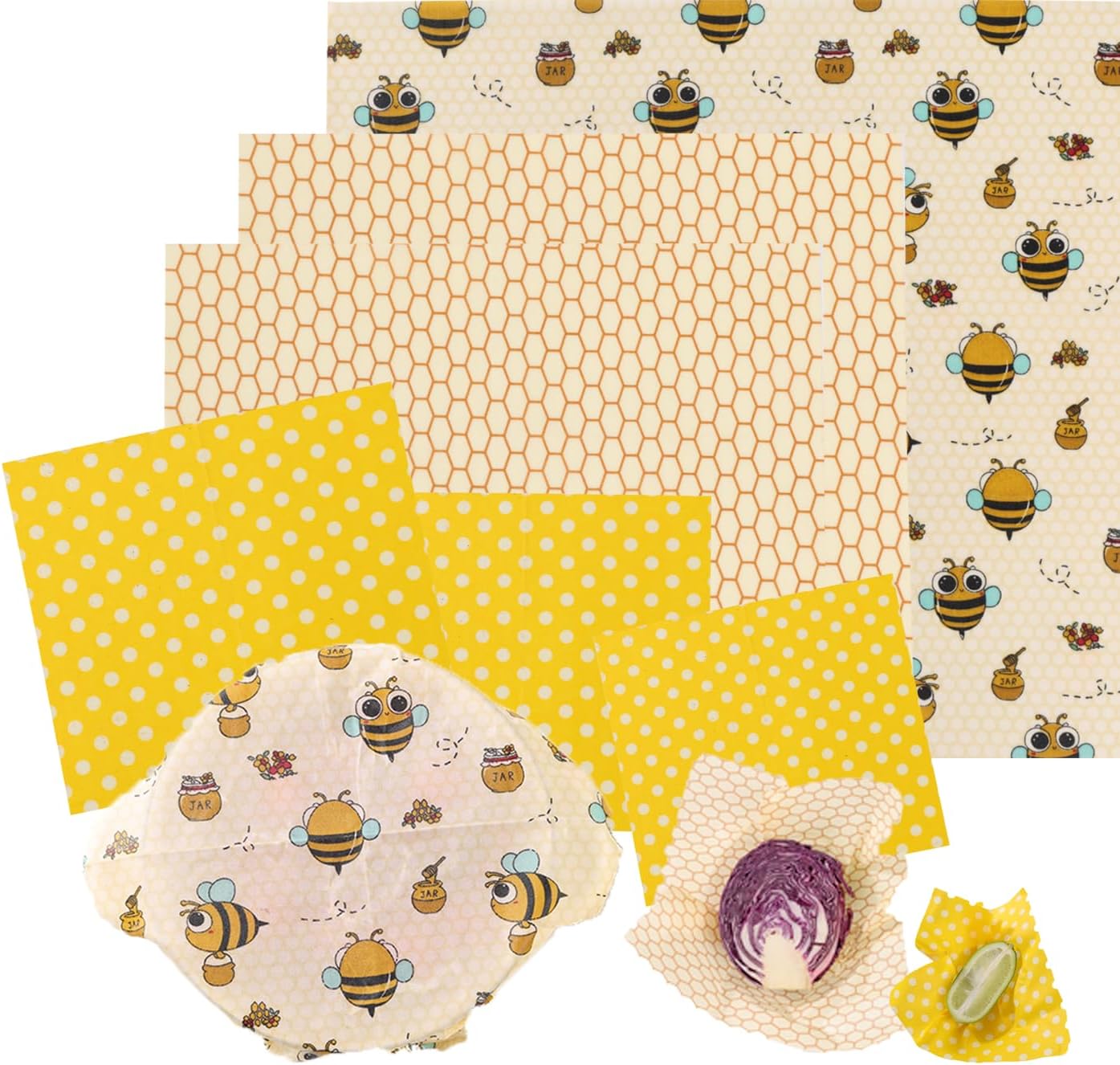 Reusable Beeswax Food Wraps - 6 Pack (3S,2M,1L) Bread Sandwich Wrapper Bowl Covers Food Storage | Organic, Zero Waste, Plastic and Silicone Free, Alternative to Aluminum Foil & Plastic Wrap