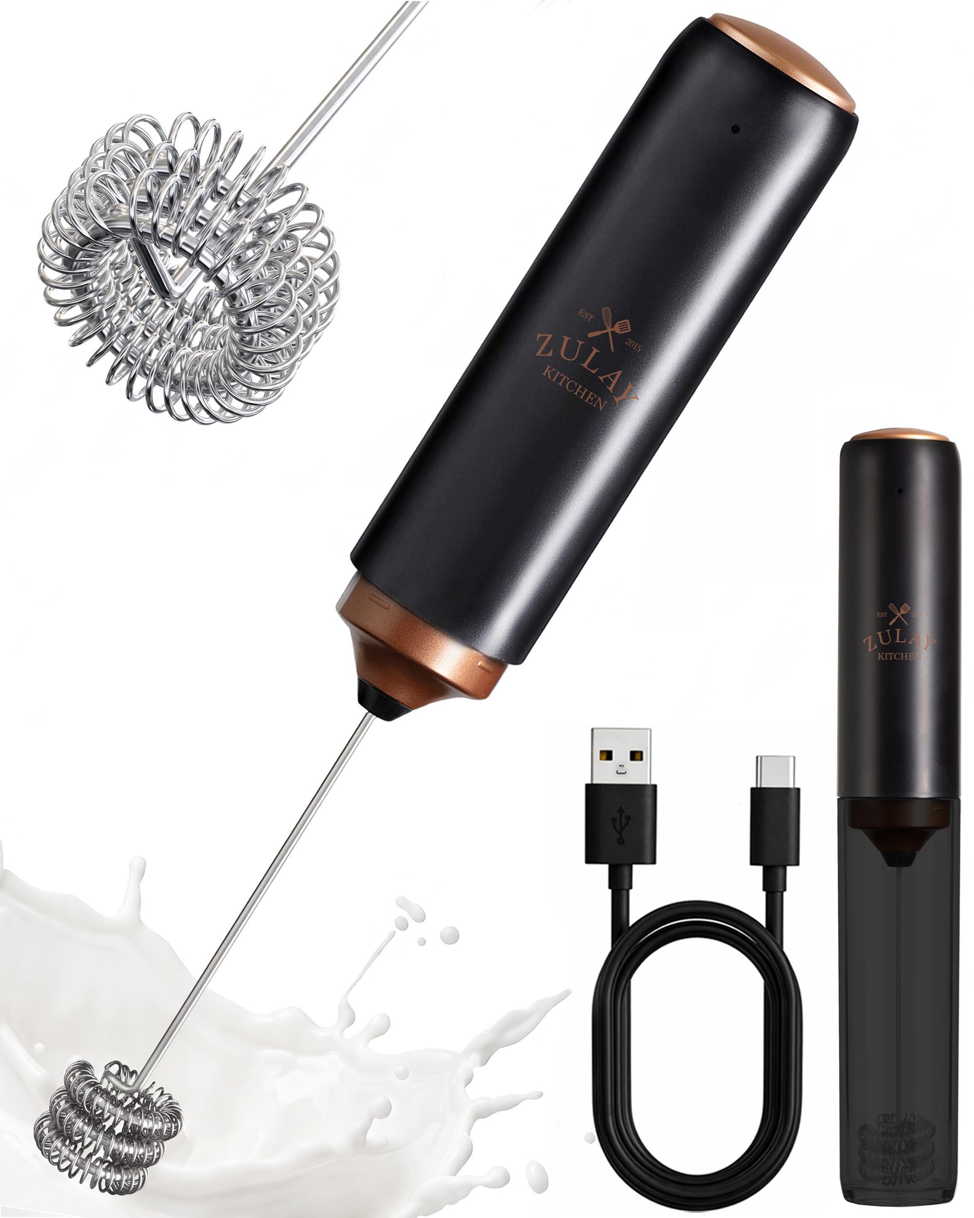 Zulay Kitchen Rechargeable Milk Frother Handheld - Triple Coil Whisk, Electric Coffee Frother, Portable Hand Frother Wand, Drink Mixer for Matcha, Lattes &amp; Cappuccinos, Kitchen Gifts - Black Copper