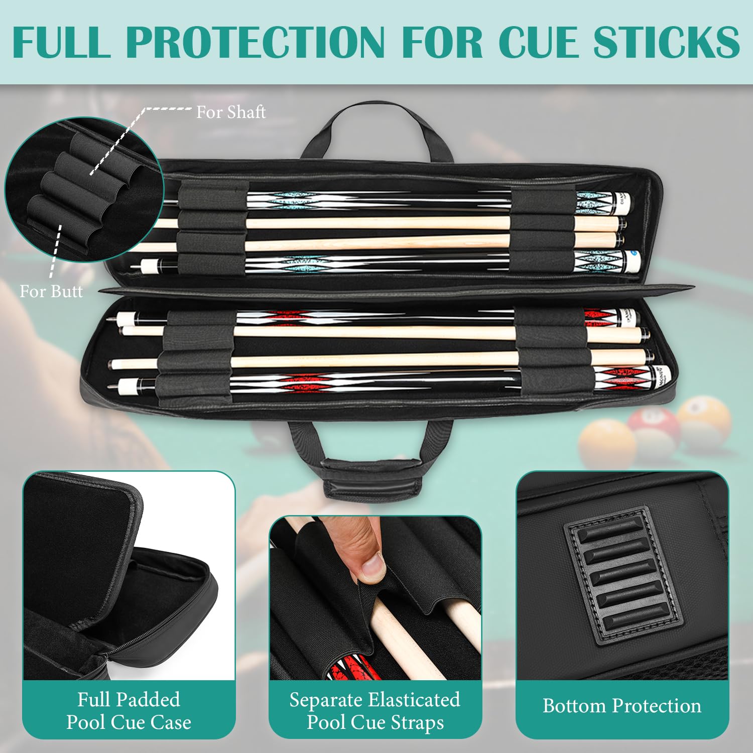 FRETHIND 4 X 4 stecche da biliardo borsa impermeabile Pool Cue Case per 4 parti inferiori e 4 stecche morbida piscina stick per il trasporto