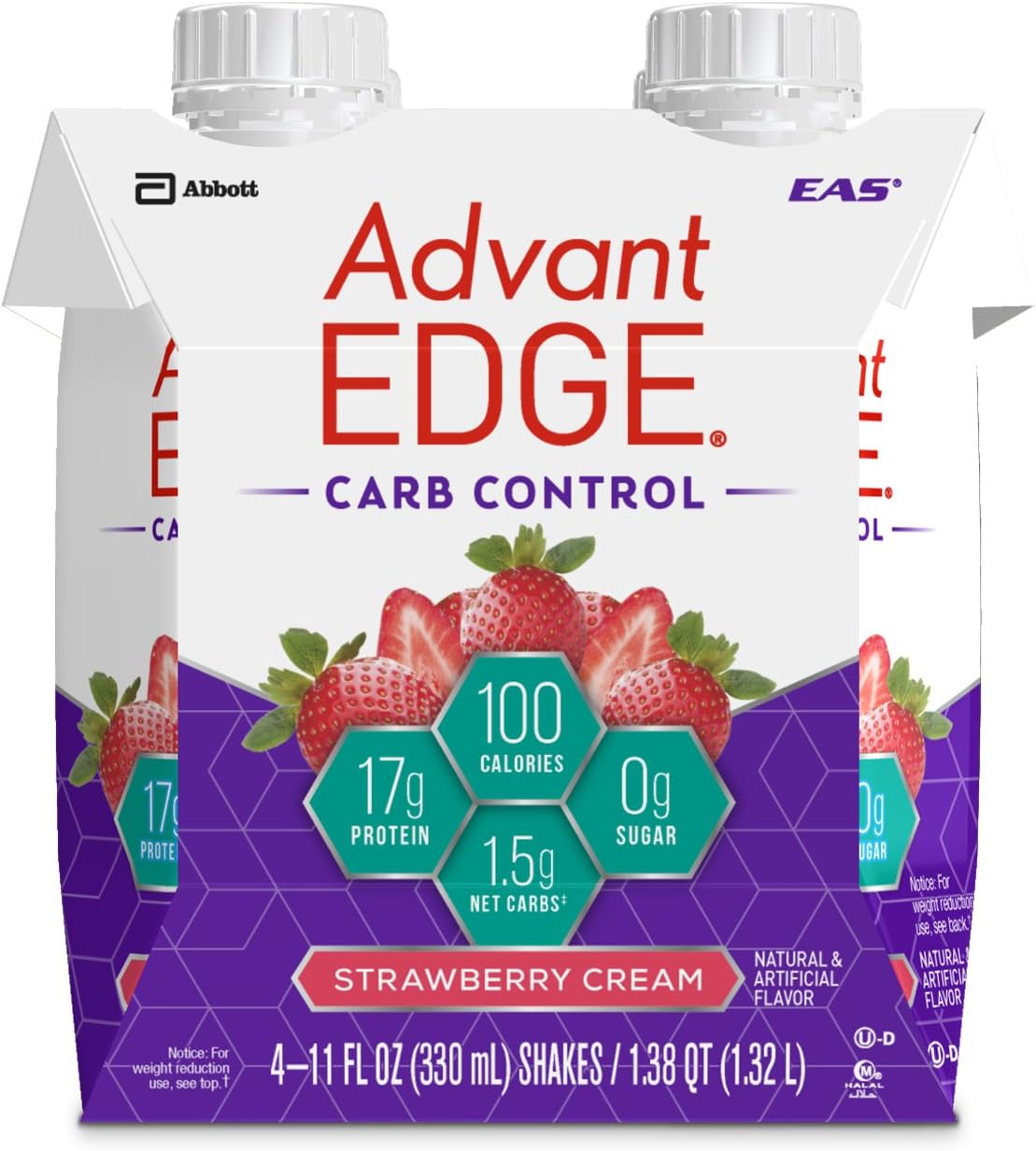 EAS AdvantEDGE Carb Control Protein Shake Strawberry Cream Ready-to-Drink, 17 g of Protein 11 fl oz Bottle, 12 Count