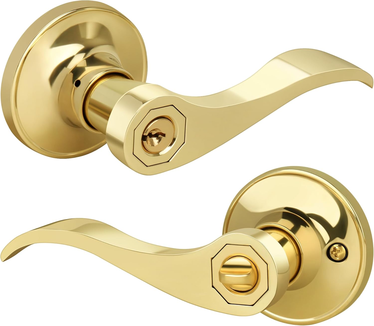 Wave Style Entry Door Handle with Keys, Keyed Door Lever with Lock for Front/Entrance in Polished Brass Finish, Reversible Door Lever for Left/Right Doors