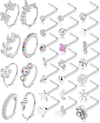 Akeoqi 29 aros de nariz de 0.71 oz, aros de nariz de acero inoxidable, forma de tornillo de hueso en L, circonita cúbica, mariposa, serpiente,