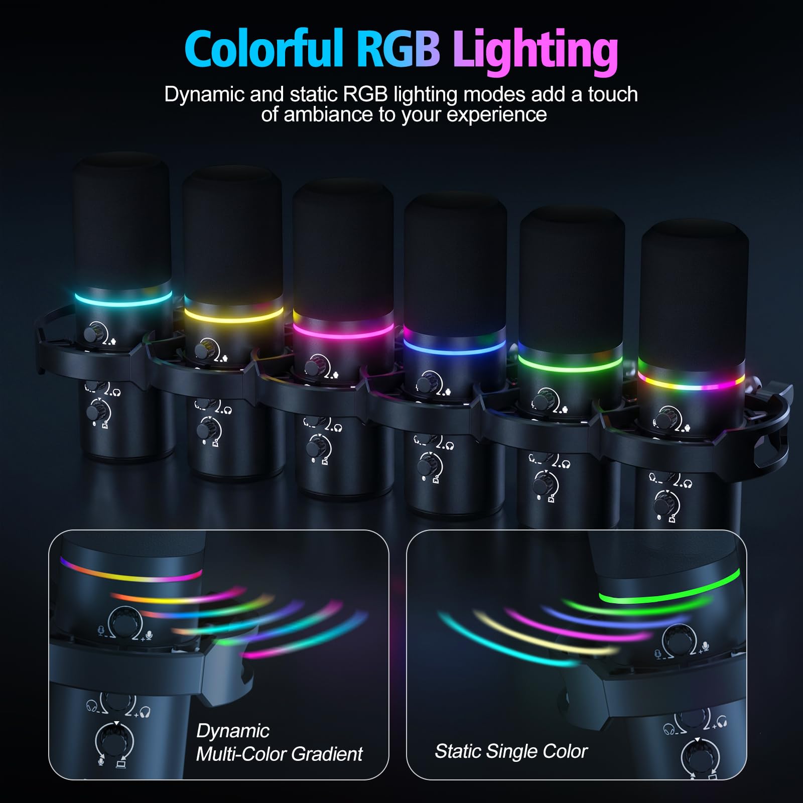 XLR/USB mikrofon gamingowy z ramieniem, dynamiczny mikrofon z wyciszeniem One-Touch, regulacja wzmocnienia i gniazdo słuchawkowe, mikrofon RGB do podcastów do streamingu, nagrywania i śpiewu