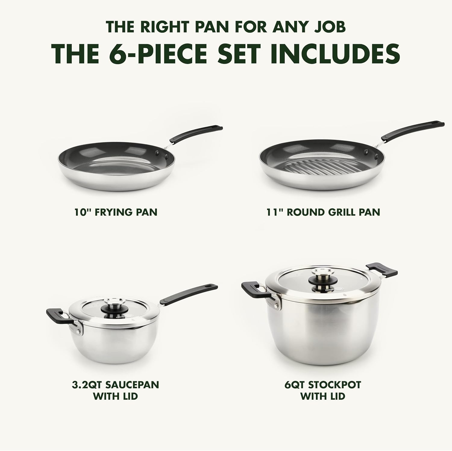 GreenPan Levels Stackable Hard Anodized Healthy Ceramic Nonstick, 6 Piece Pots and Pans Cookware Set PFAS-Free, Dishwasher Safe, Black