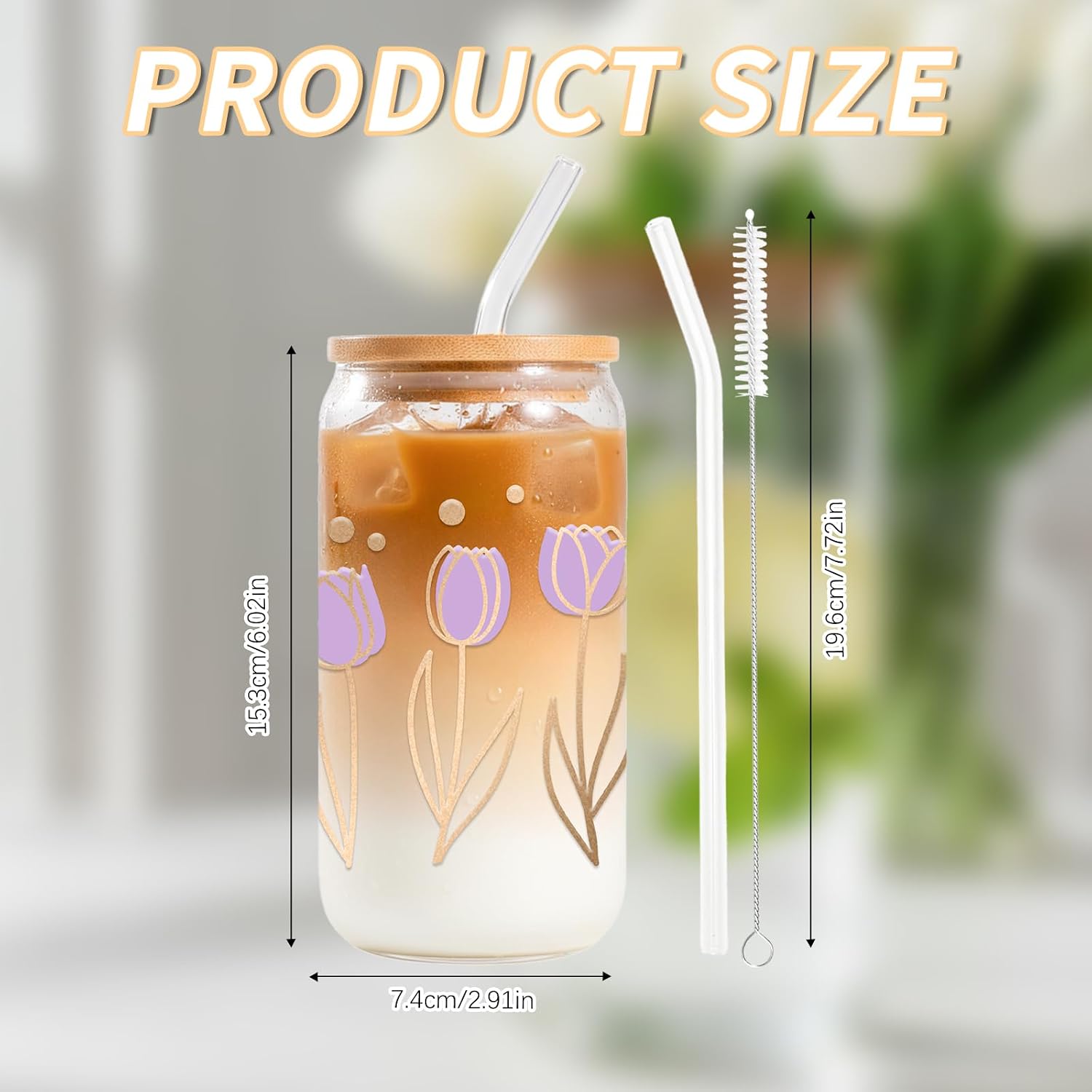 JEKUGOT Pink Tulip Glass Cup, Floral Themed Iced Coffee Cup, 16oz Cute Glass Cups with Lids and Straws, Tulip Gifts for Women Girls, Friends, Mom, Valentines Aesthetic Tumbler