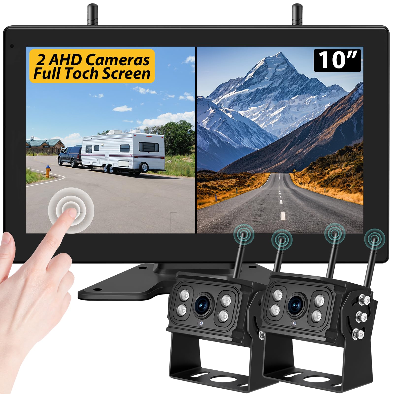 10'' Wireless Backup Camera System, 2 HD 1080P IP69 Waterproof Cameras with Large IPS Full Touch Screen 4 Channels Monitor, IR Night Vision Reverse