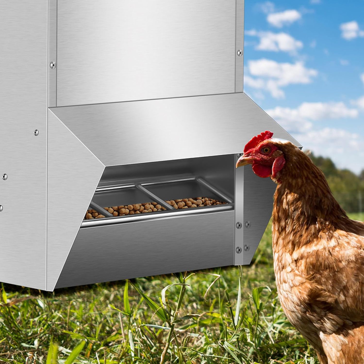 Galvanized Chicken Feeder, 50LBS Capacity Weatherproof Steel Outdoor Coop Food Dispenser, Rat Proof Hanging Chicken Feeder with Lid, Poultry Feeders No Waste for Chicken and Duck, Silver