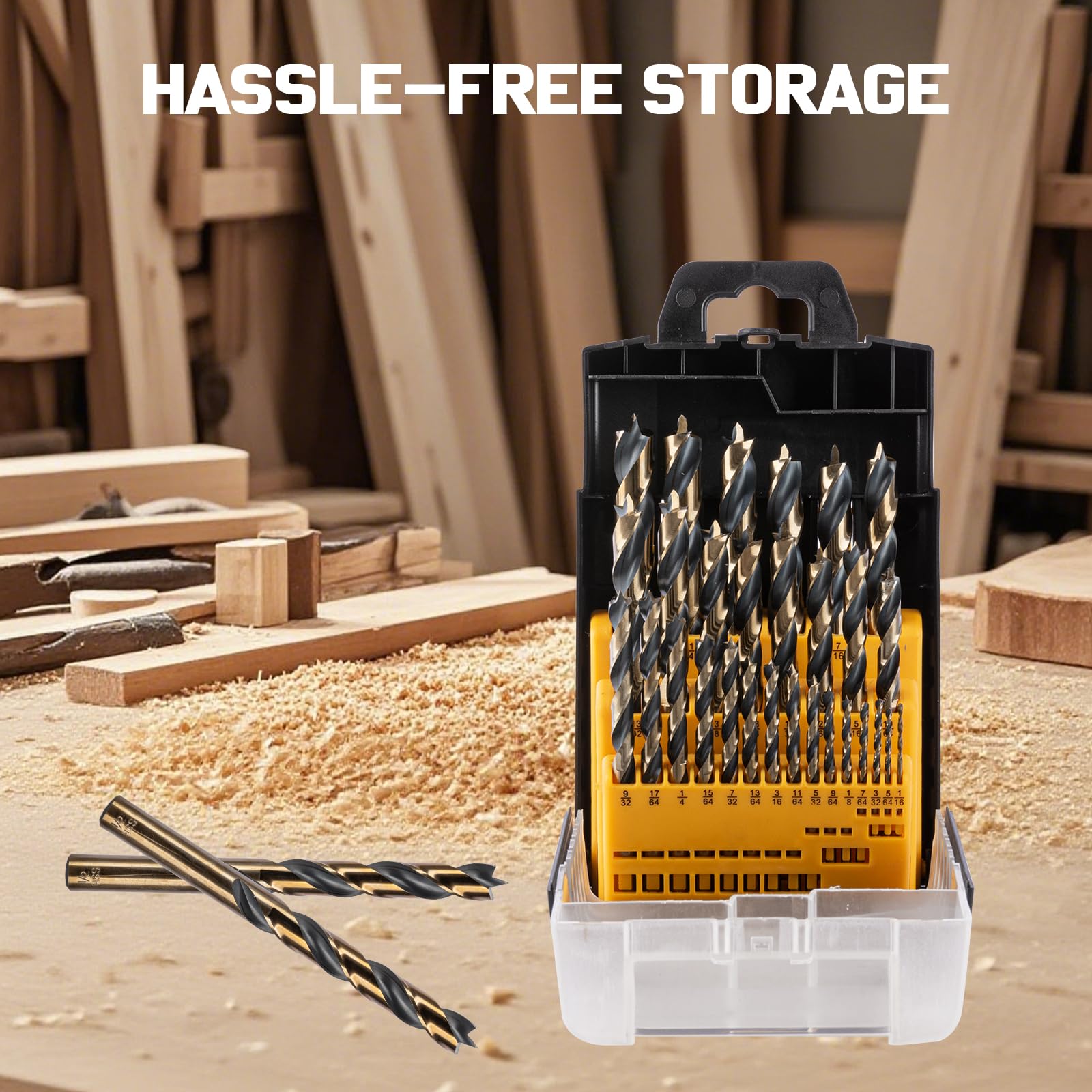Set di 29 punte per trapano Brad Point, con punta autocentrante (1/16-1/2 pollici, punte da trapano in HSS rivestite in titanio per legno duro e legno tenero, incremento di 1/64 di pollice) e custodia
