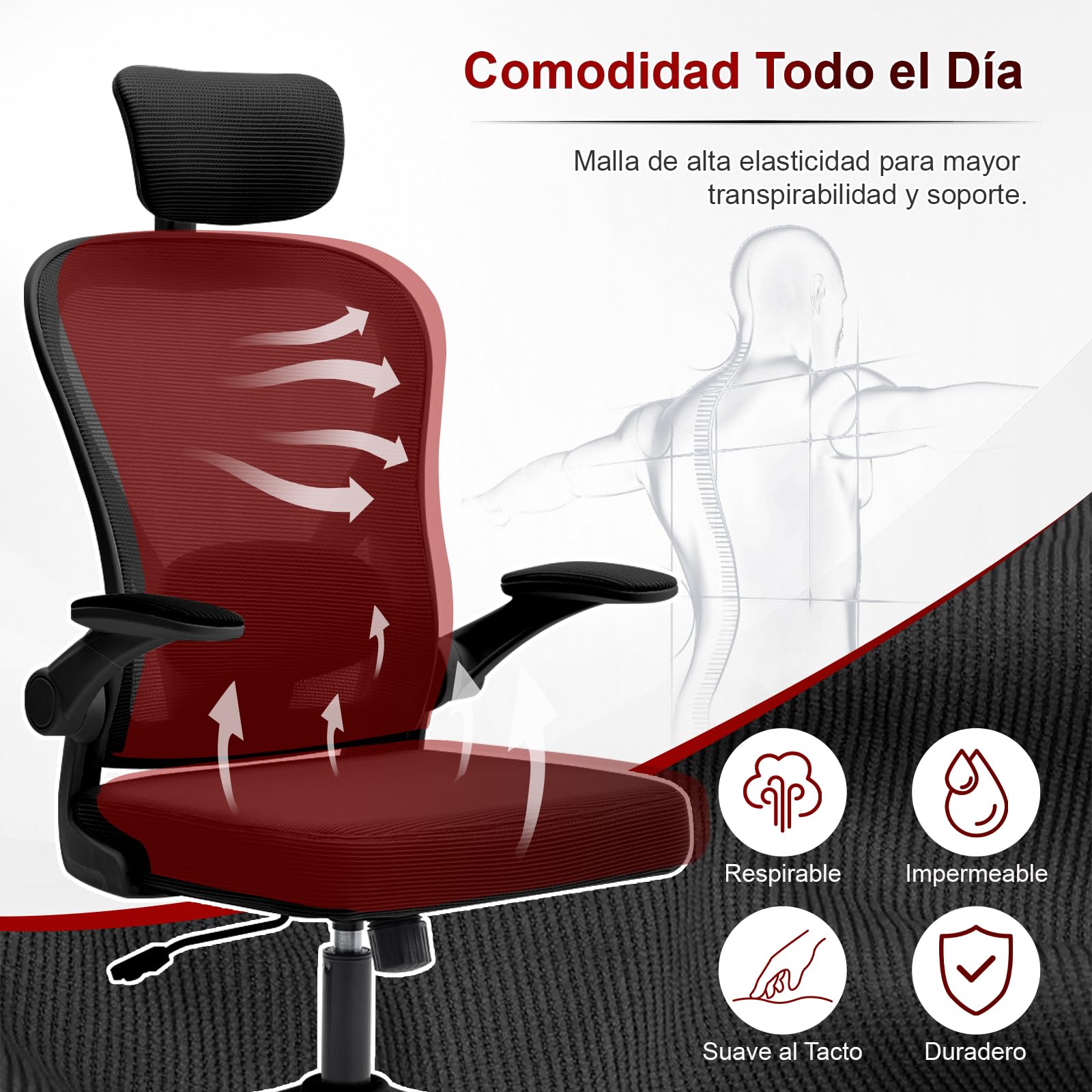 Silla Ergonómica de Oficina con Soporte Lumbar Ajustable, Reposacabezas Regulable y Reposabrazos Abatibles, Silla de Malla para Oficina en Casa, Estudio y Uso Diario, Negra