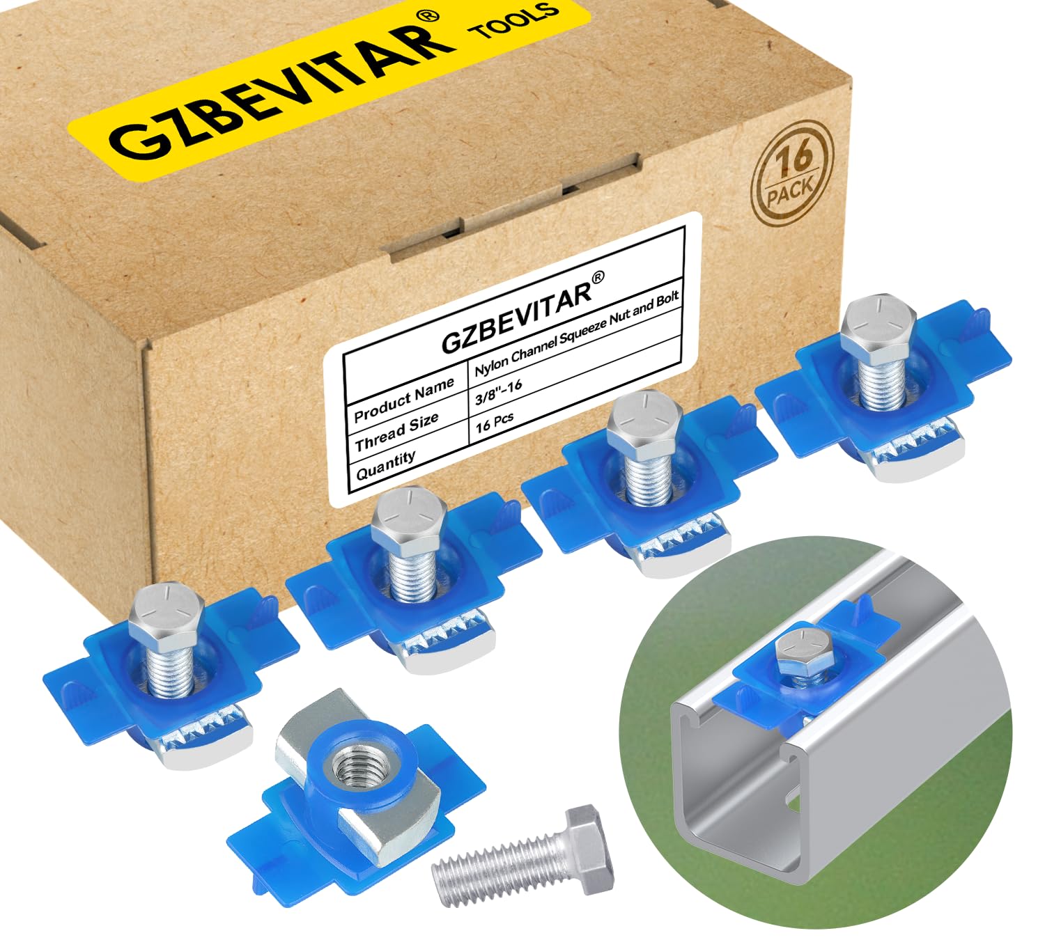 3/8"-16 Nylon Channel Squeeze Nut and Bolt, Strut Channel Cone Nuts, Easy Positioning for American Channel Support Systems, Perfect for Solar Panels Mounting (16)