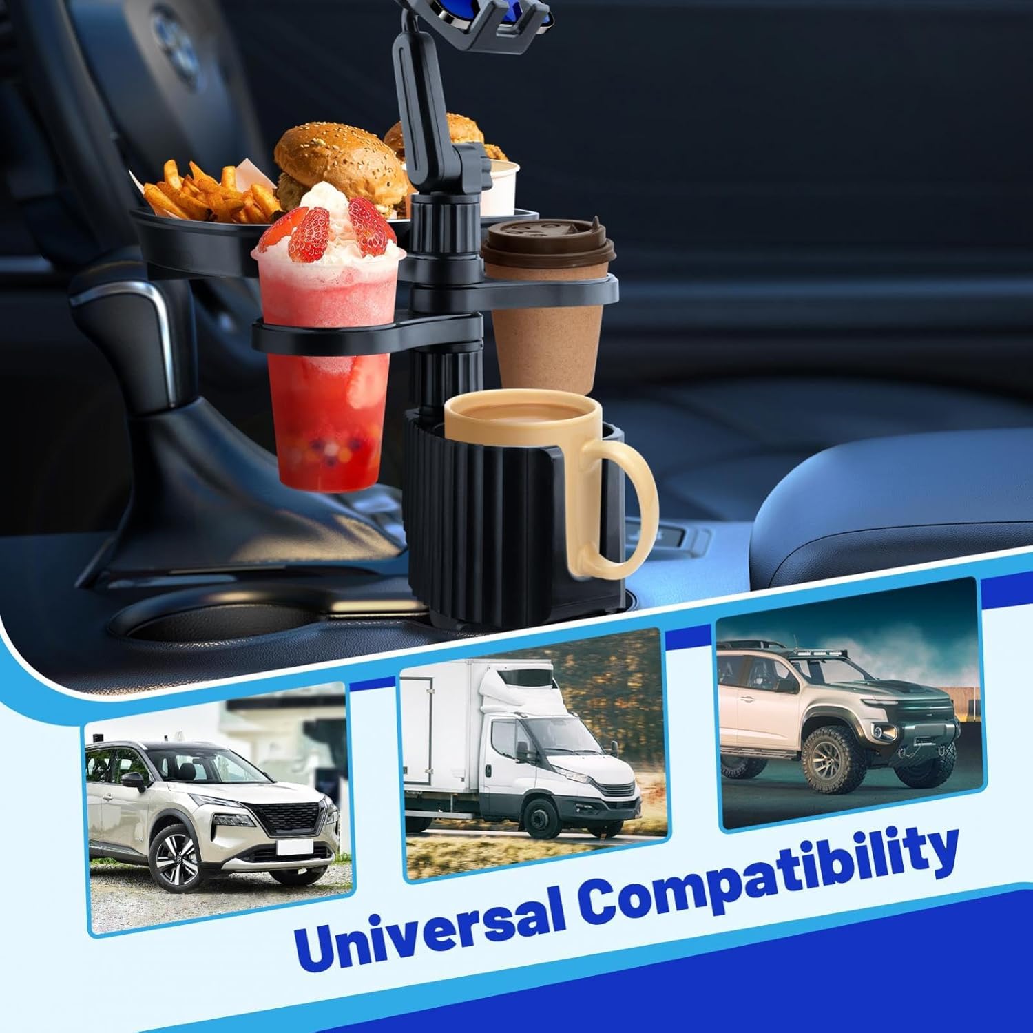 Car Cup Holder Tray - Adjustable Car Cup Holder Phone Mount with Food Tray 5 in 1 Swivel Expander for All Purpose, Automotive Extender Accessories Gifts for Auto Trucker Road Trip