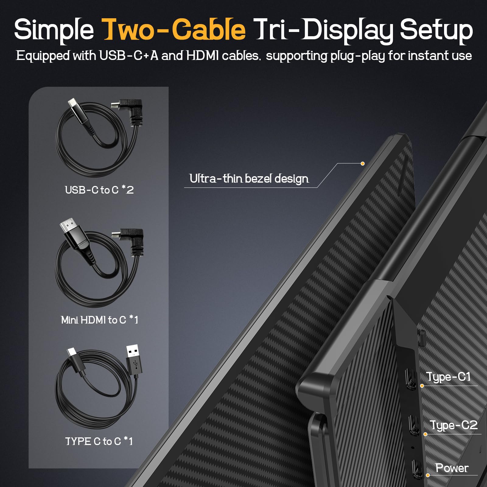 Laptop Screen Extender, 14'' FHD 1080P Ultra-Slim Triple Portable Monitor for Laptops, Two Cable USB-C Travel Monitor Extender Plug & Play for 13"-17" Laptop, Compatible with Wins/Mac/Android/Chrome — view 6