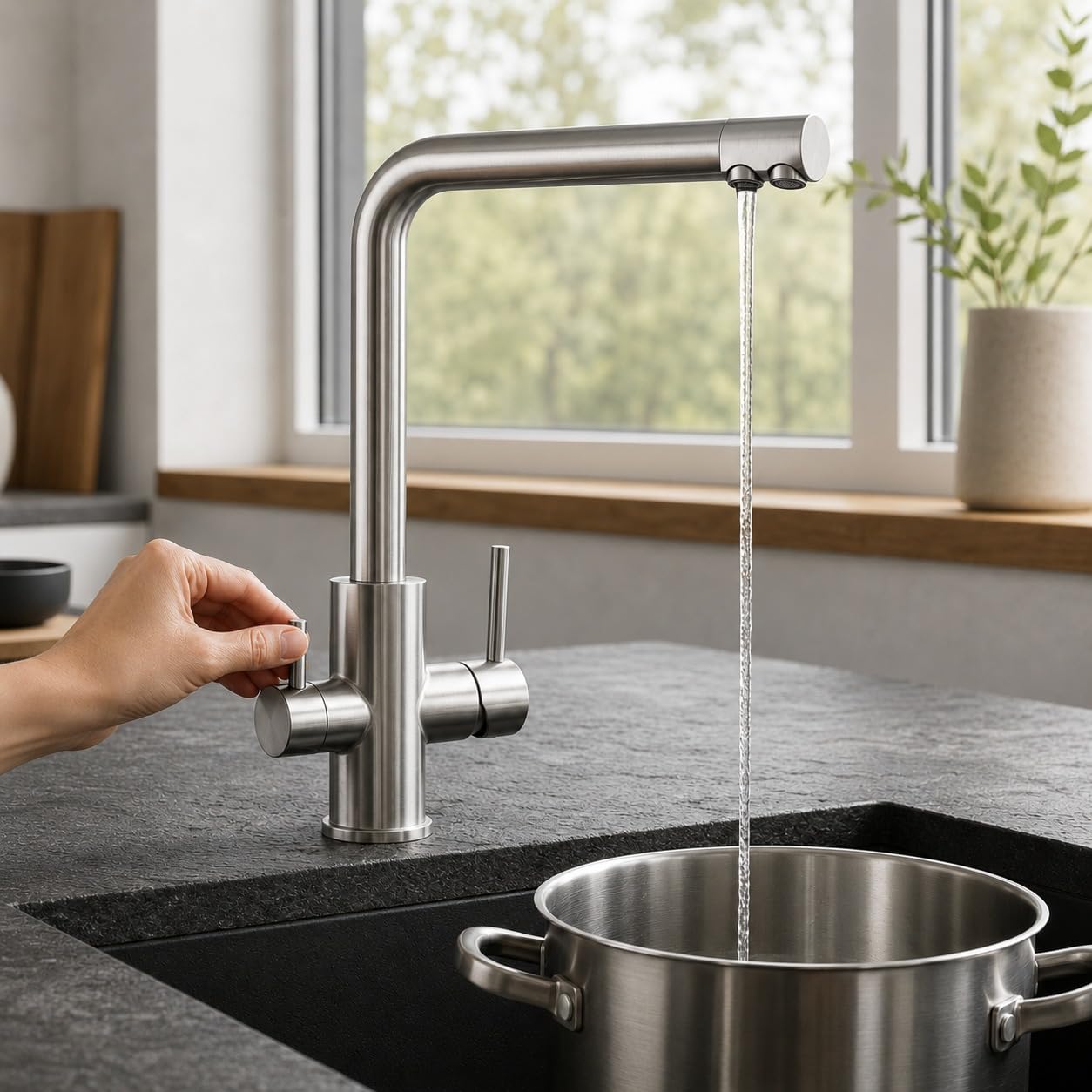 AORA® VANTO INOX 3 Wege Wasserhahn Küche aus massivem Edelstahl 304 – Küchenarmatur Hochdruck für Wasserfilter & Osmoseanlage – Spültischarmatur mit 360° Auslauf – Mischbatterie Küche | L-Auslauf