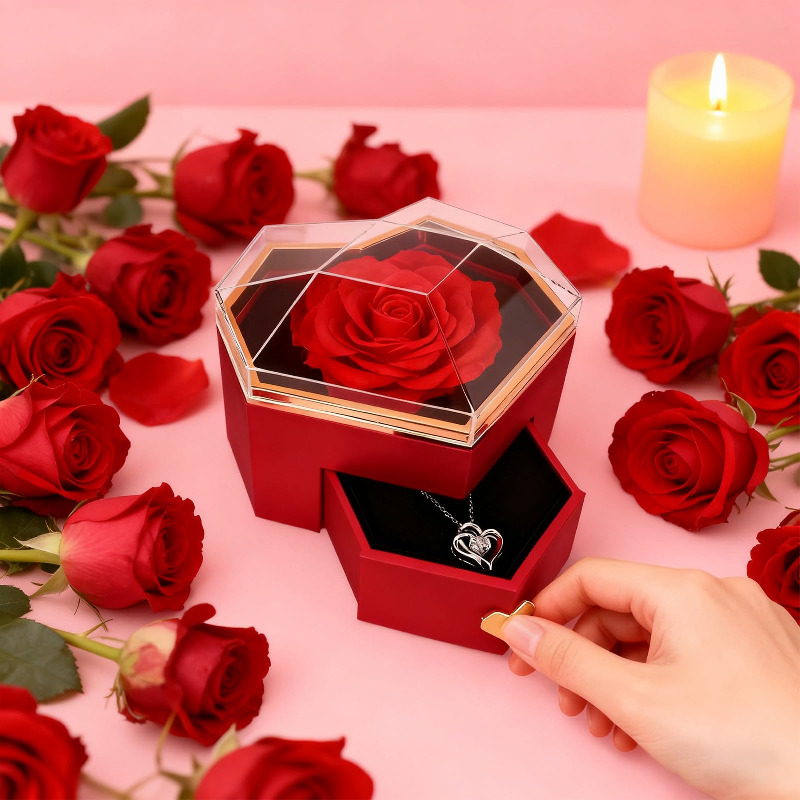 Rosa Eterna Stabilizzata Regalo Donna per Fidanzata Festa Della Mamma, Scatola Regalo a Forma di Cuore con Fiori Eterna e Collana, Regali San Valentino, Anniversario per Lei, Compleanno, Moglie -Rosso