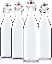 Bormioli Rocco Giara Clear Glass Bottle with Stopper [Set of 4] Swing Top Bottles Great for Beverages, Oil, Vinegar | 33 3/4 oz