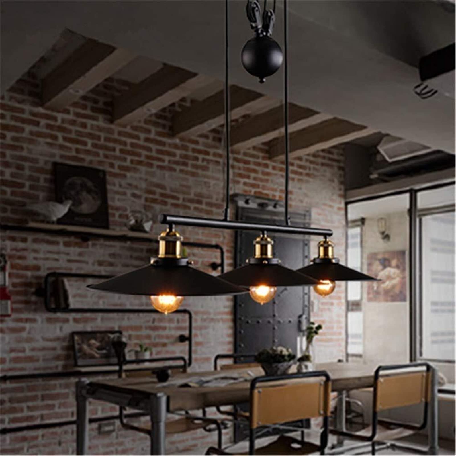 Lampada a sospensione da soffitto in stile loft, stile industriale retrò, con puleggia e palla pesante, finitura nera cotta, ferro battuto, 3 teste, design di sollevamento, E27