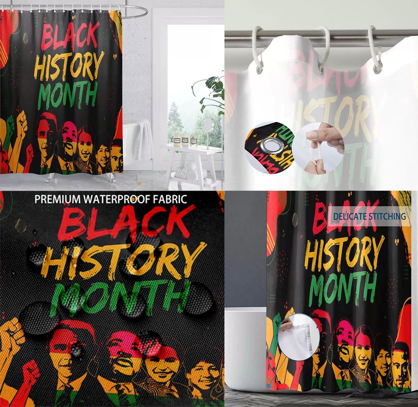 Atvscay Black History Month Shower Curtain Set, African American Emancipation, Bath Mat, U Shape Mat, Toilet Lid Cover, 12 Hooks (Black)