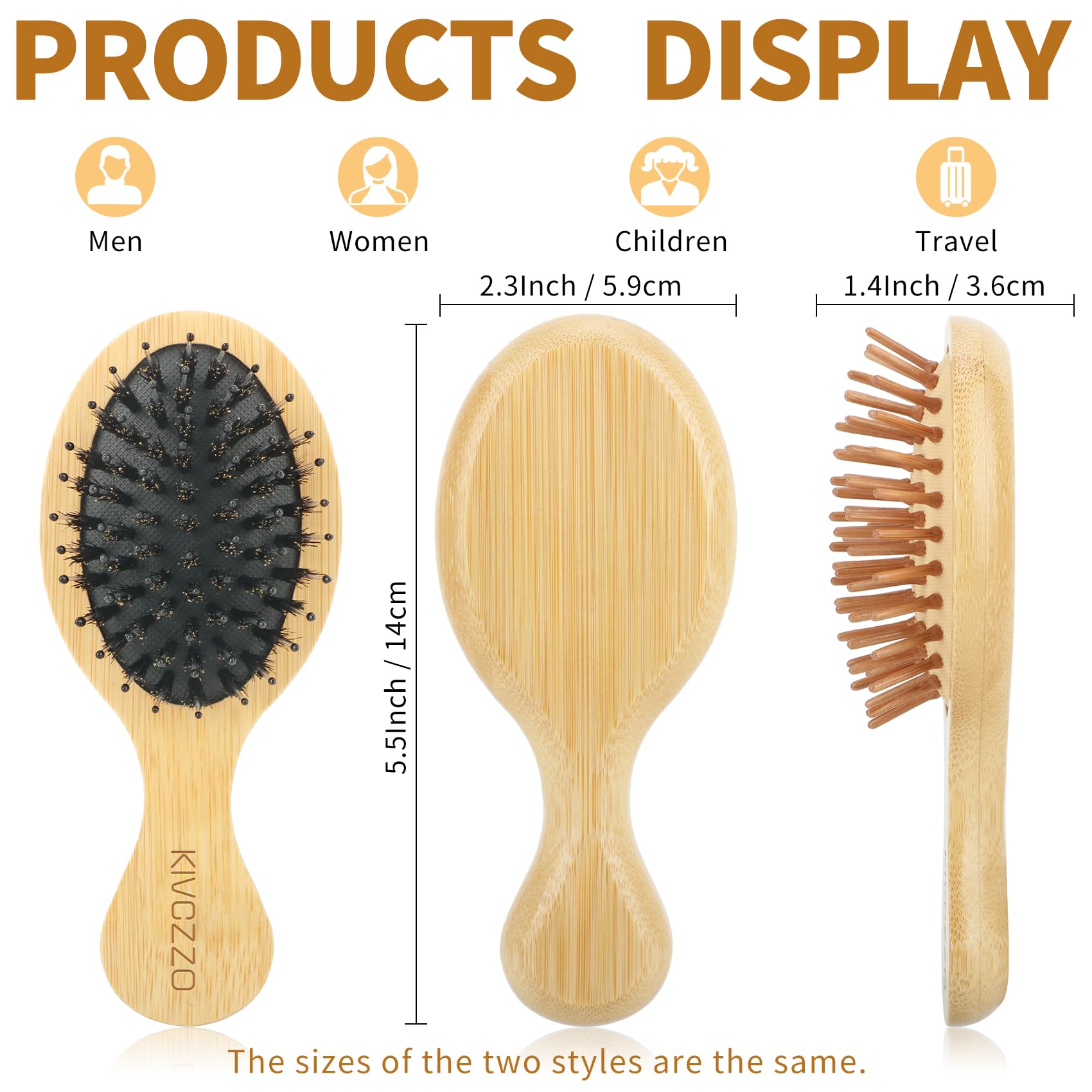Mini cepillo de pelo de bambú, paquete de 2, cerdas de jabalí y pasadores individuales, desenredante de masaje, tamaño pequeño de viaje para cabello grueso/rizado, cepillo de bolsillo