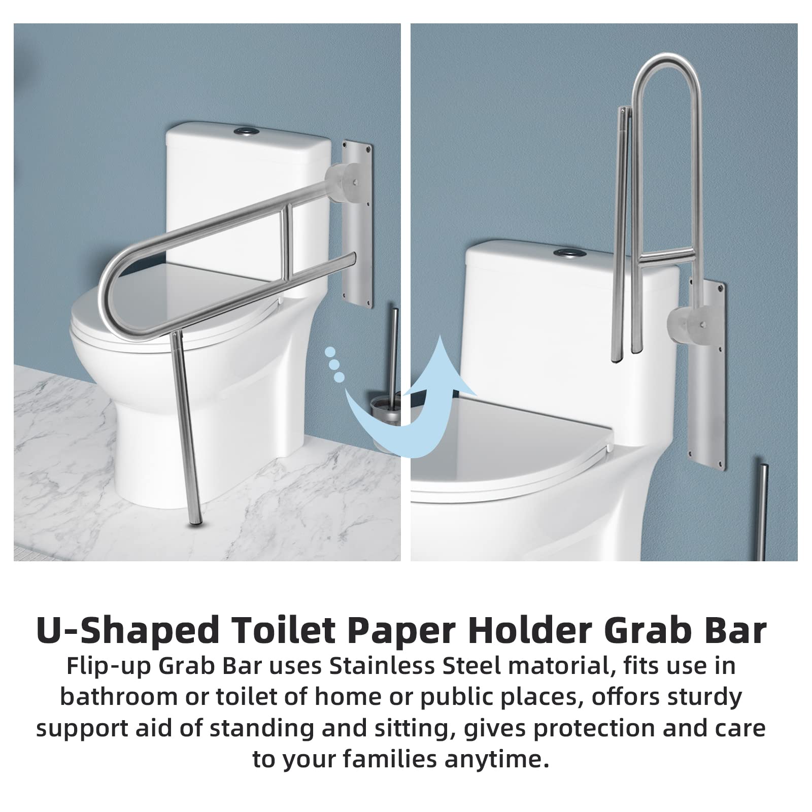 JoliJour Maniglione Ribaltabile per Bagno WC, Maniglia Di Supporto Pieghevole con Gambe, Rotazione Verticale 90°, Supporto 330 Libbre, Acciaio Inossidabile