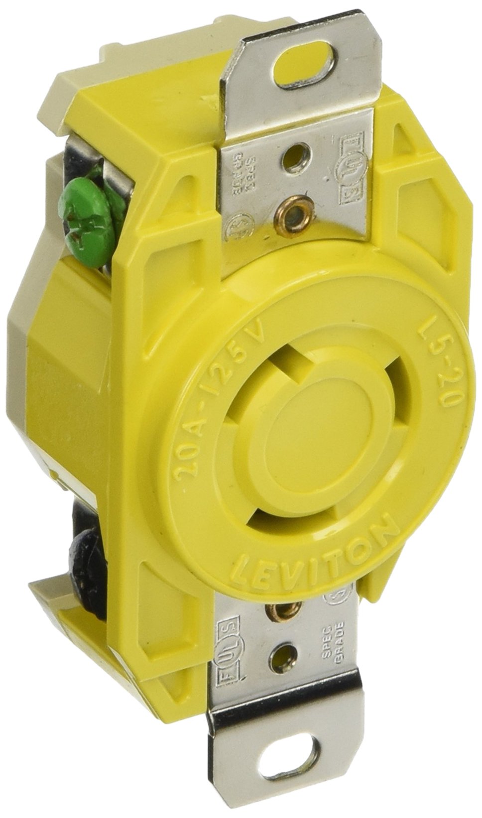 Leviton 23CM-10 20 Amp, 125 Volt, Flush Mounting Locking Receptacle, Industrial Grade, Grounding, Corrosion Resistant, Yellow