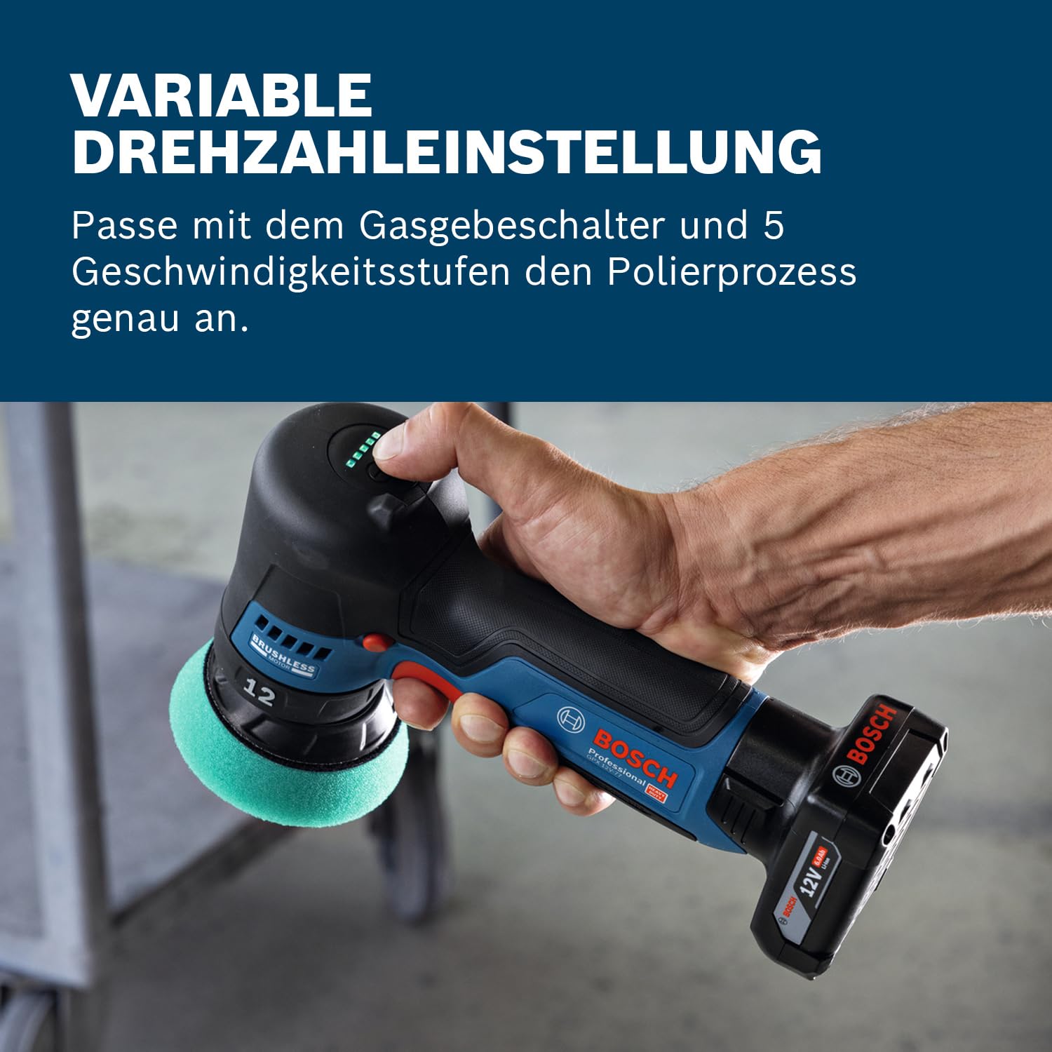 Bosch Professional 12V System Akku-Polierer GPX 12V-77 (inkl. montiertem 77 mm Klett-Stützteller, 77 mm Polier- und Scheuerschwamm)