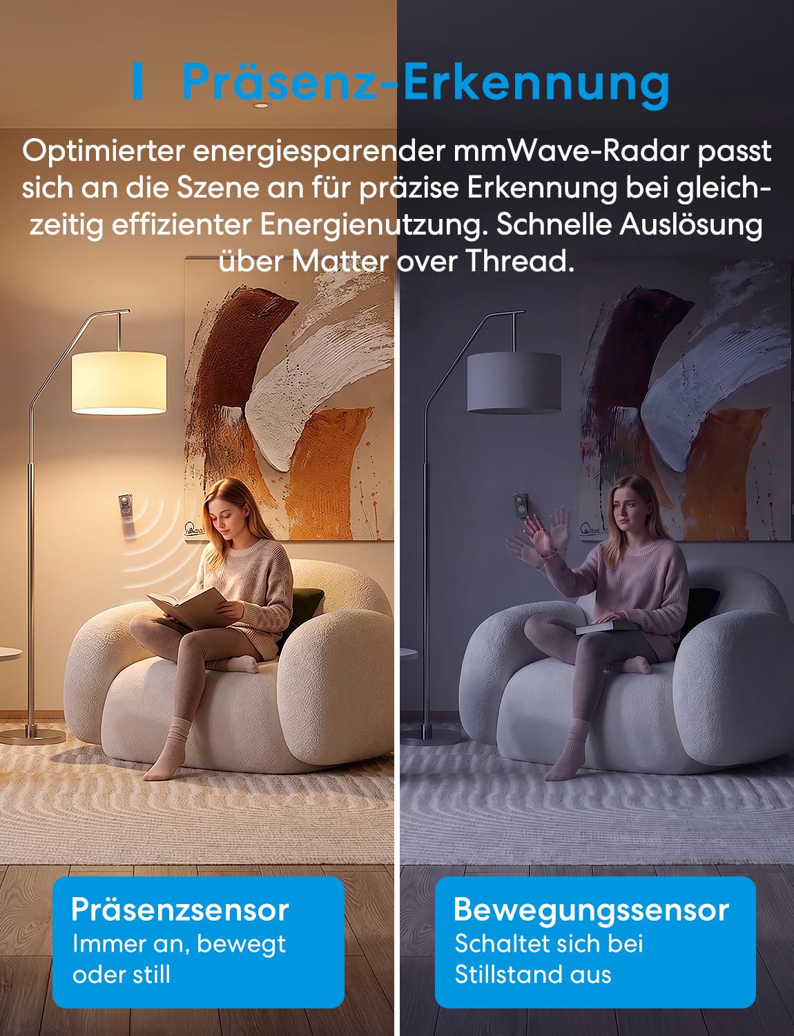 Meross Präsenzmelder Matter Over Thread, Bewegungsmelder & Anwesenheitssensor mit mmWave Radar, PIR & Lichtsensor, 3-Zonen-Erkennung, kompatibel mit Home Assistant, HomeKit, Alexa & Google Home