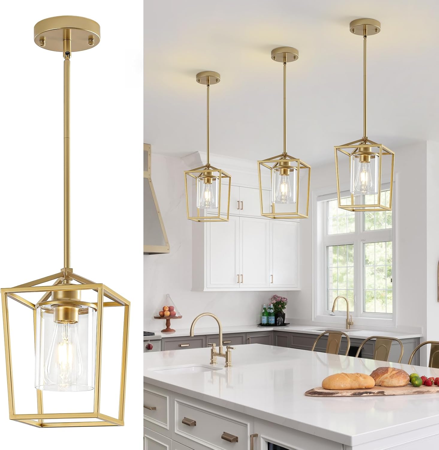 2 Pack 1-Light Black Pendant Lights for Kitchen Island, Farmhouse Metal Pendant Light Iron Cage Hanging Light Fixtures with Clear Glass Shade for Dining Room, Entryway, Hallway, Foyer