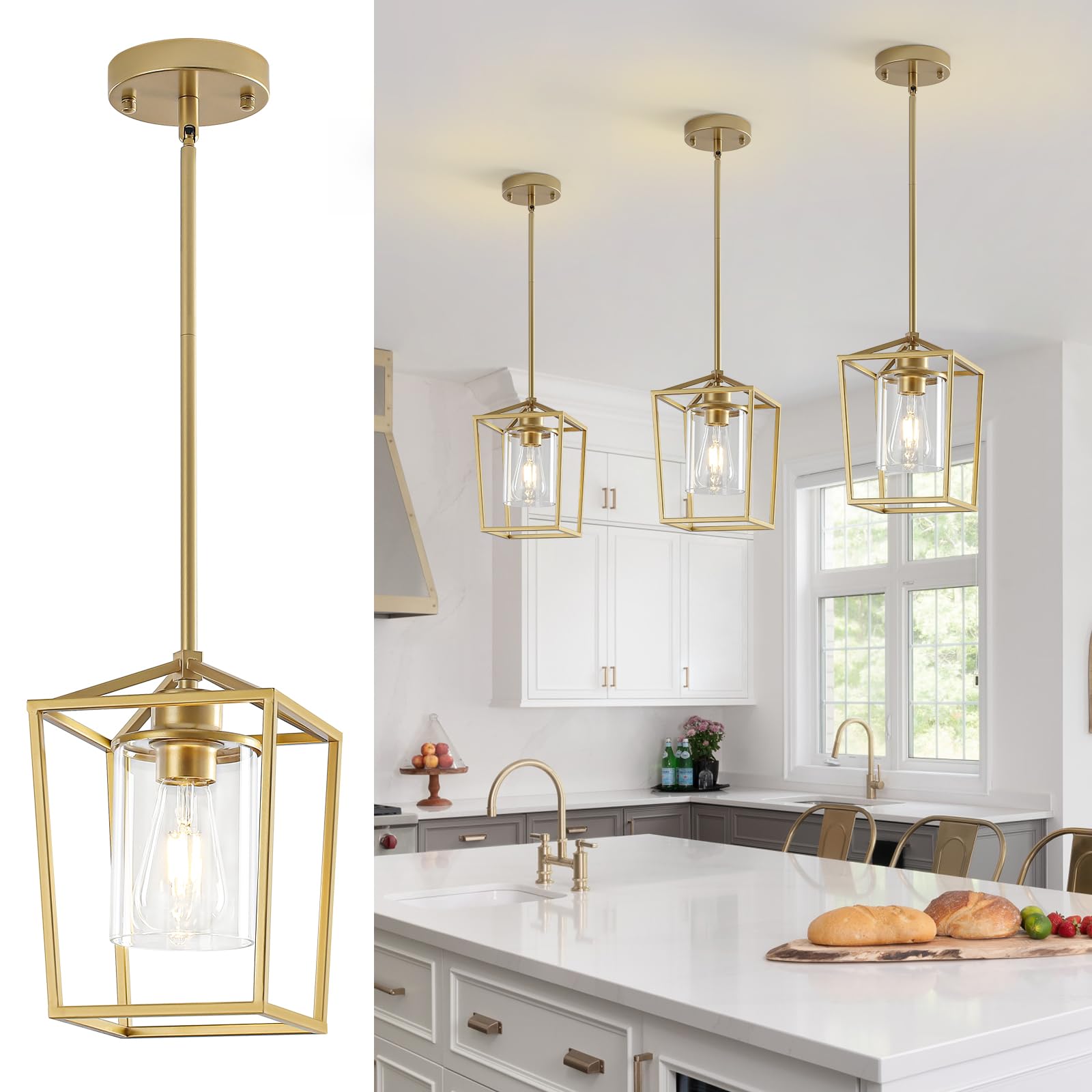 Photo 1 of GZJunYo 3 Pack Gold Pendant Lights, Modern Farmhouse Kitchen Pendant Lighting Over Island, Metal Cage Hanging Lights with Clear Glass Shade for Kitchen Island, Dining Room, Entryway, Hallway