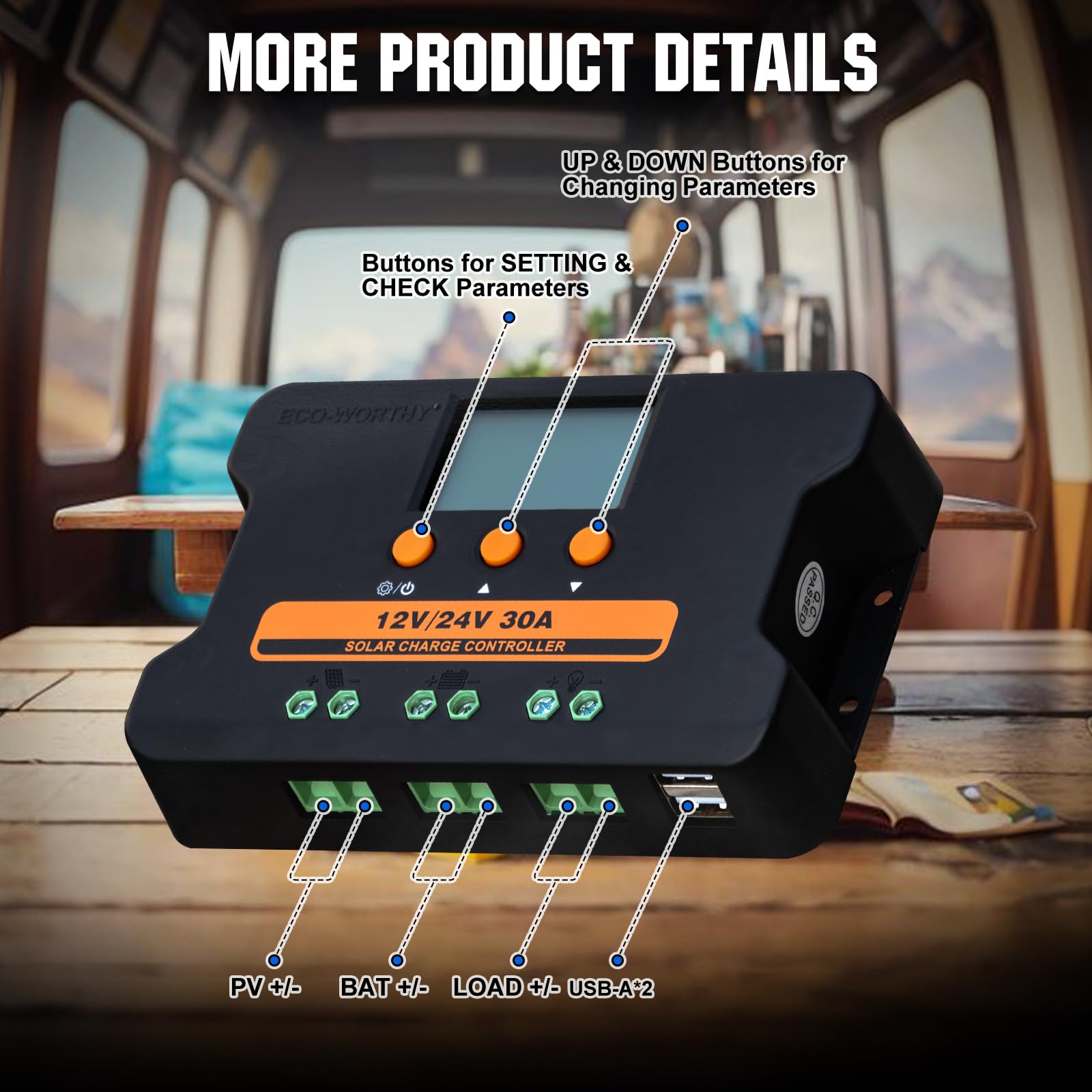 ECO-WORTHY Regolatore di carica solare 30A 12V/24V, controller PWM con display LCD e doppia porta USB 5V per regolazione individuale dei parametri della batteria