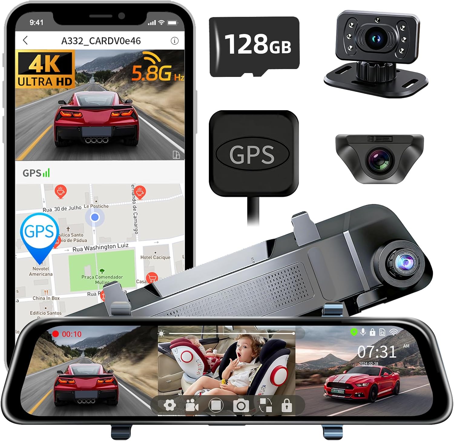 L09 12" 4K Mirror Dash Cam Backup Camera, 5.8GHz WiFi Smart Rearview Mirror for Cars & Trucks, Front and Rear View Dual Cameras, Night Vision, Parking Assistance, Included 128GB Card & GPS