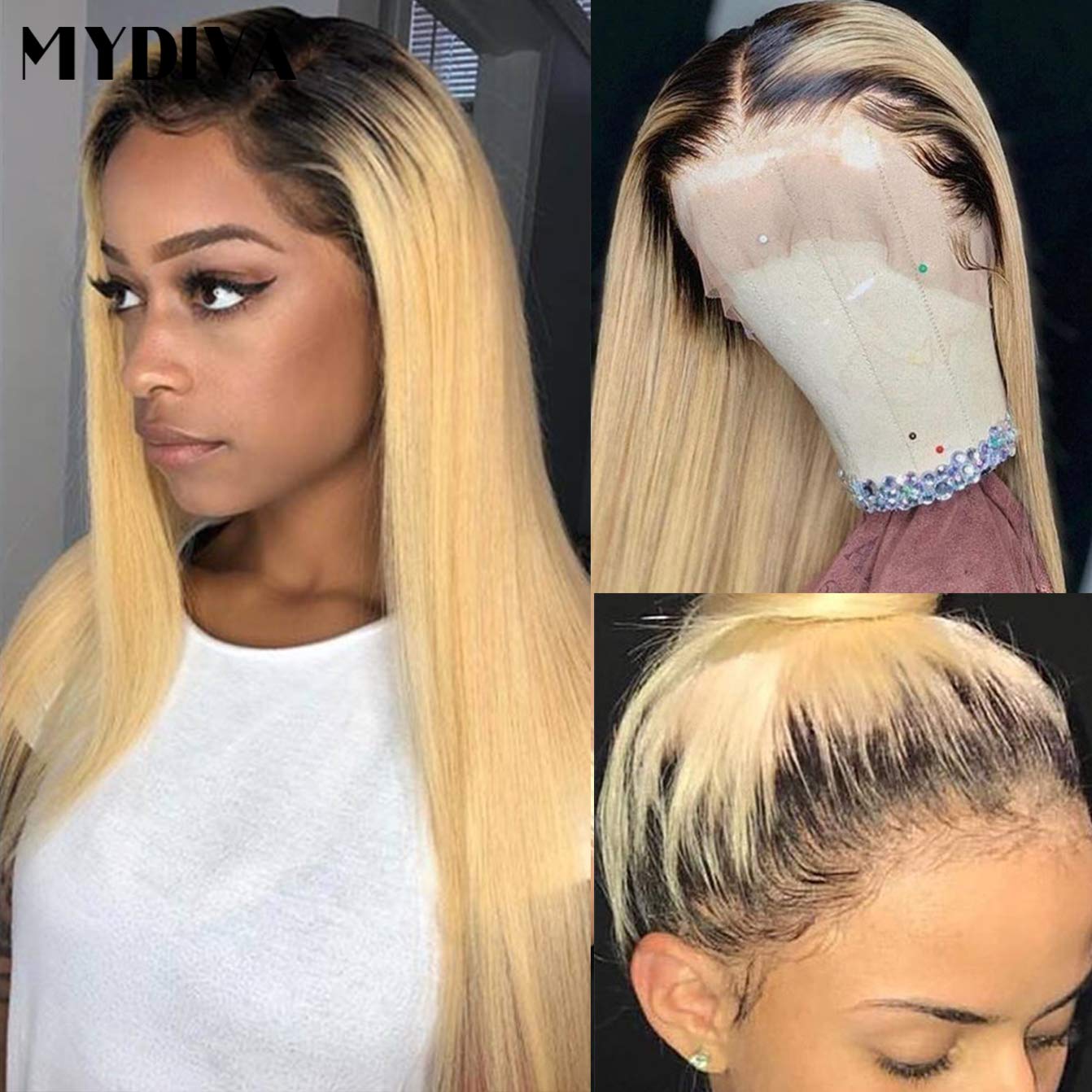 MYDIVA Lace Frontal #1B/613 Blonde With Dark Roots Pre Plucked Glueless Human Hair Wigs With Baby Hair 13X4 Lace Front Wig Silk Straight Human Hair Wigs 150% Density For Black Women (18 inches)