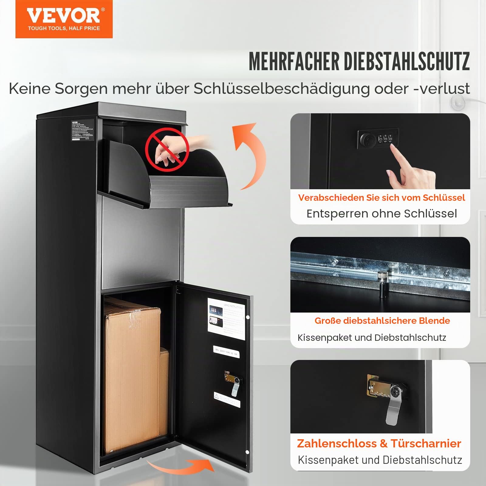 VEVOR Paketbriefkasten 35,5x29,5x105,5cm Paketbox Stahl Paletkasten 50kg Briefkasten Postbox XXL Briefkasten mit Paswortschloss Innenscharnier Anti-Diebstahl-Einwurföffnung für Pakete Briefe usw.