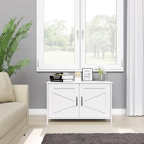 Miniatura 3 de Homhedy Cat Litter Box Enclosure,Litter Box Furniture Hidden with Barn Door,Wooden Cat Washroom Furniture,Cat House,Fit Most of Litter Box,White