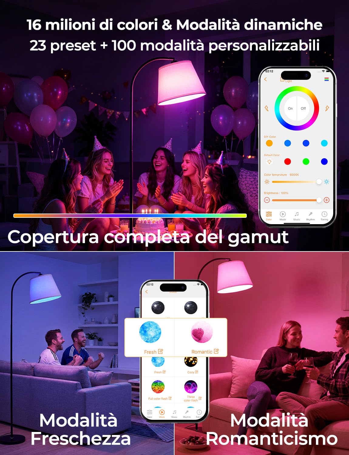 Piantana Lampada da Terra ad Arco Salotto LED Moderna Intelligente RGB,170CM Doppio Controllo con Interruttore a Piede e App, Lampadina Dimmerabile,CRI92, 2700-6000K, 10W 1200LM,per Soggiorno e Camera