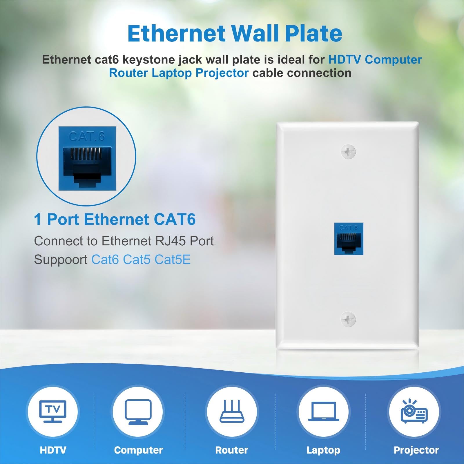 Confezione da 10 prese Ethernet a muro, 1 porta Cat6 RJ45 Keystone Jack con staffa di montaggio a bassa tensione a banda singola, piastra a parete Ethernet, accoppiatore blu femmina a femmina
