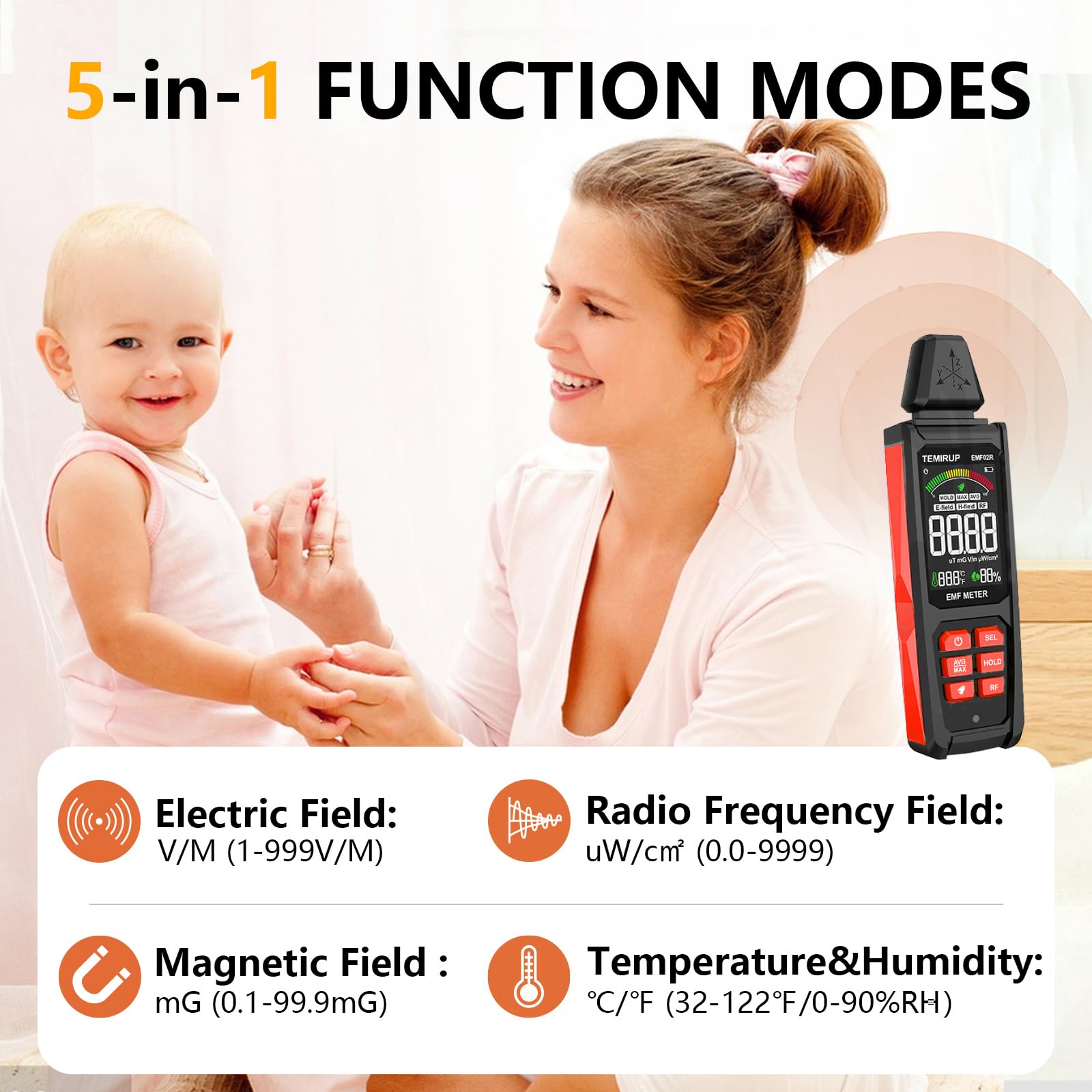 Detector de radiación 5 en 1 EMF, detecta campo eléctrico, magnético y de radiofrecuencia con temperatura humedad, lector EMF recargable para el hogar y caza de fantasmas