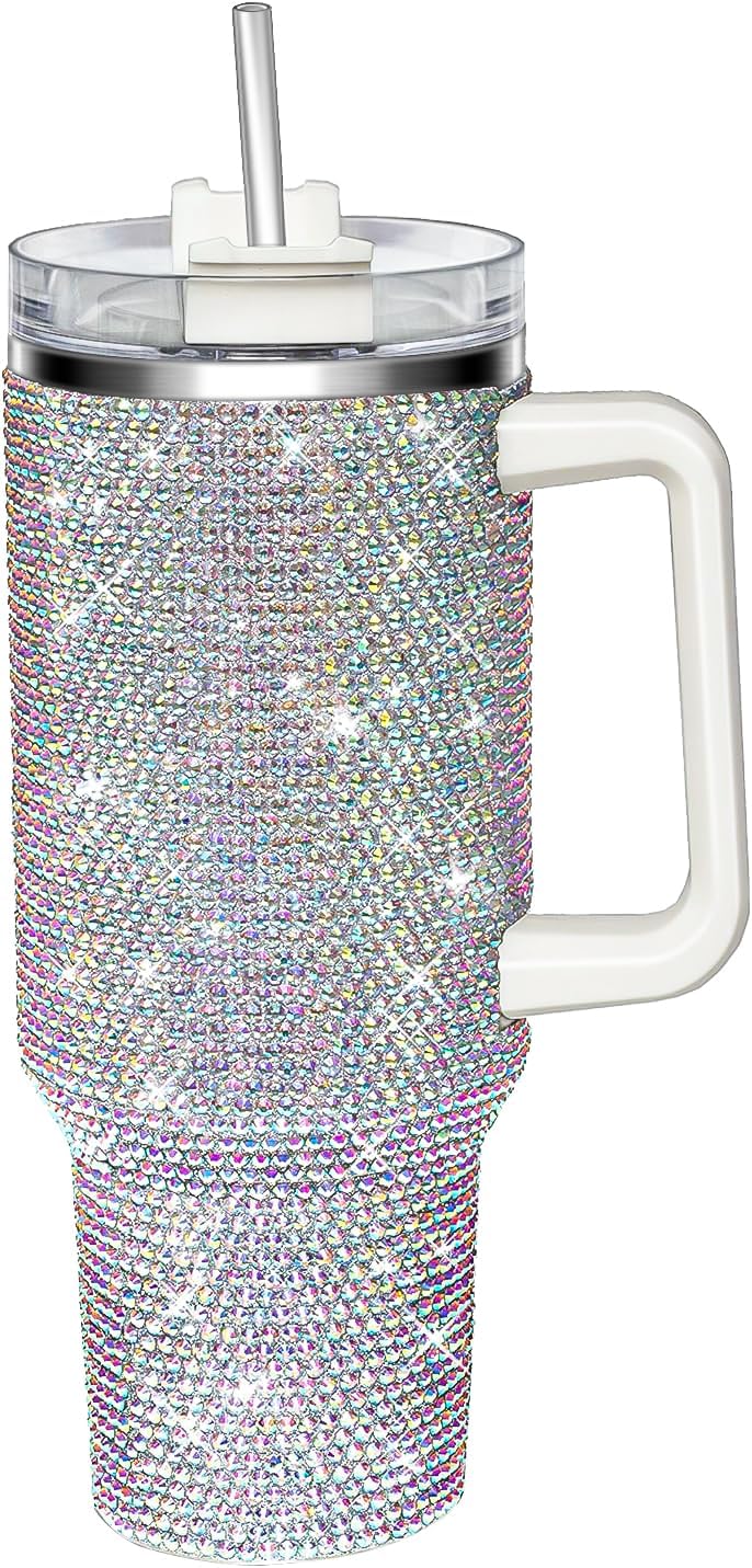 40oz Tumbler with Handle-Glitter Rhinestones Tumbler Bling Cups Stainless Steel Water Bottle Diamond Studded Tumbler for Women-Birthday Gifts for Women, Mom, Wife, Girlfriend (40 oz, Shiny)
