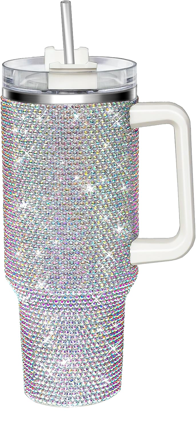 Photo 1 of HWISDMIG 40oz Tumbler with Handle-Glitter Rhinestones Tumbler Bling Cups Stainless Steel Water Bottle Diamond Studded Tumbler for Women-Birthday Gifts for Women, Mom, Wife, Girlfriend (40 oz, Shiny)