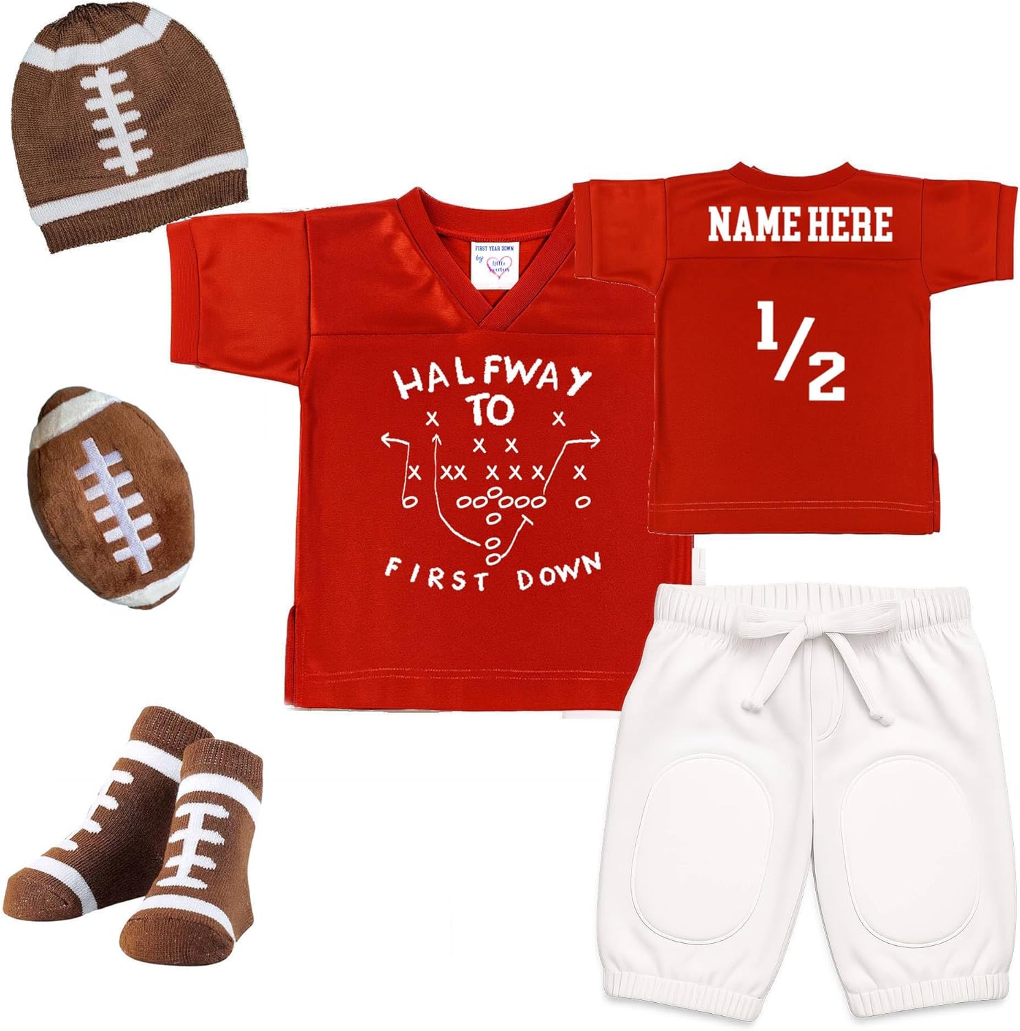 Baby Half Birthday Football Outfit Set – “Halfway to First Down” Jersey Shirt + Personalized Name 1/2 Back, White Pants, Football Hat, Socks & Plush – 6 Month Milestone Photo Prop
