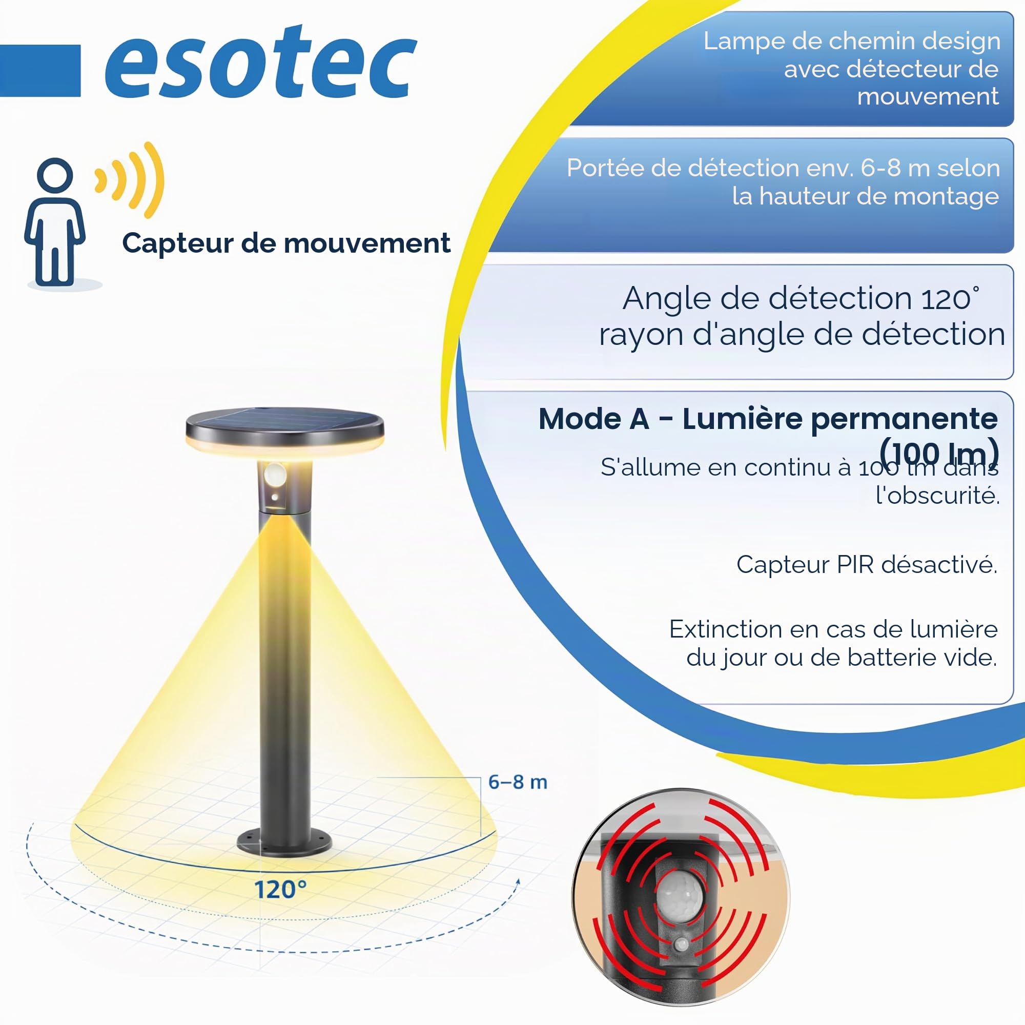 Solaire LED Capteur Borne Lumineuse Arezzo - Couleur de la Lumière 3000K Blanc Chaud - Max. 600 Lm Lichtstrom - D'Autonomie 8 Hauteur - Dimensions 20 X 50 CM - Lampe Lampadaire Détecteur Mouvement