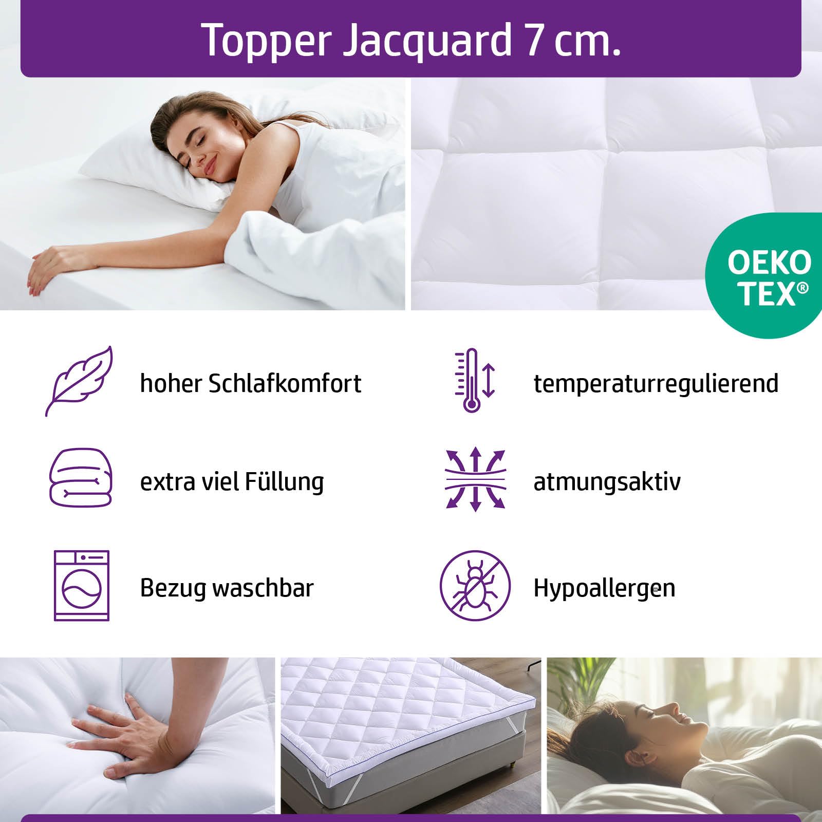 Matratzen Topper Jacquard | 7 Größen | 80x200cm - 180x200cm | 7cm Dicker Matratzentopper | Beste Luftzirkulation temperaturregulierend Maschinenwaschbar | Öko-Tex | Boxspringbett | 180x200cm