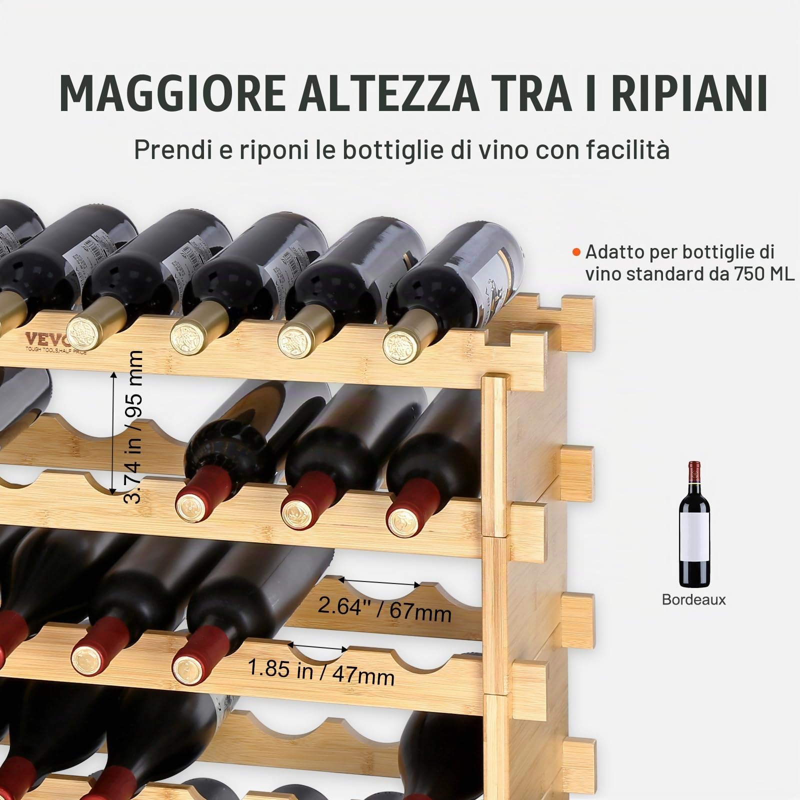 VEVOR Portabottiglie per Vino in Legno di Bambù Impilabile 6 Ripiani Capacità Max. 48 Bottiglie, Cantinetta Portabottiglie 6 Piani da Terra per Vino Materiale Legno Bambù Struttura Modulare Fai-da-te