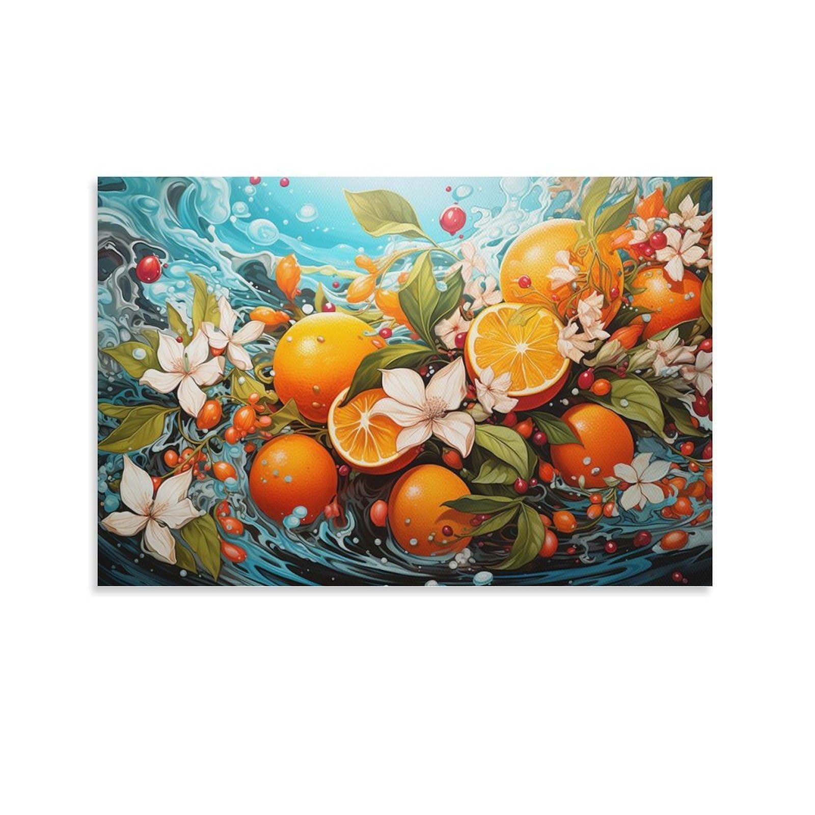 CPLVKWRQJ Tangerine Single Oranges And Flowers in Water Canvas Artwork - Nursery Canvas Wall Hanging Space Saving Ready to Hang Decor 24x36inch(60x90cm)
