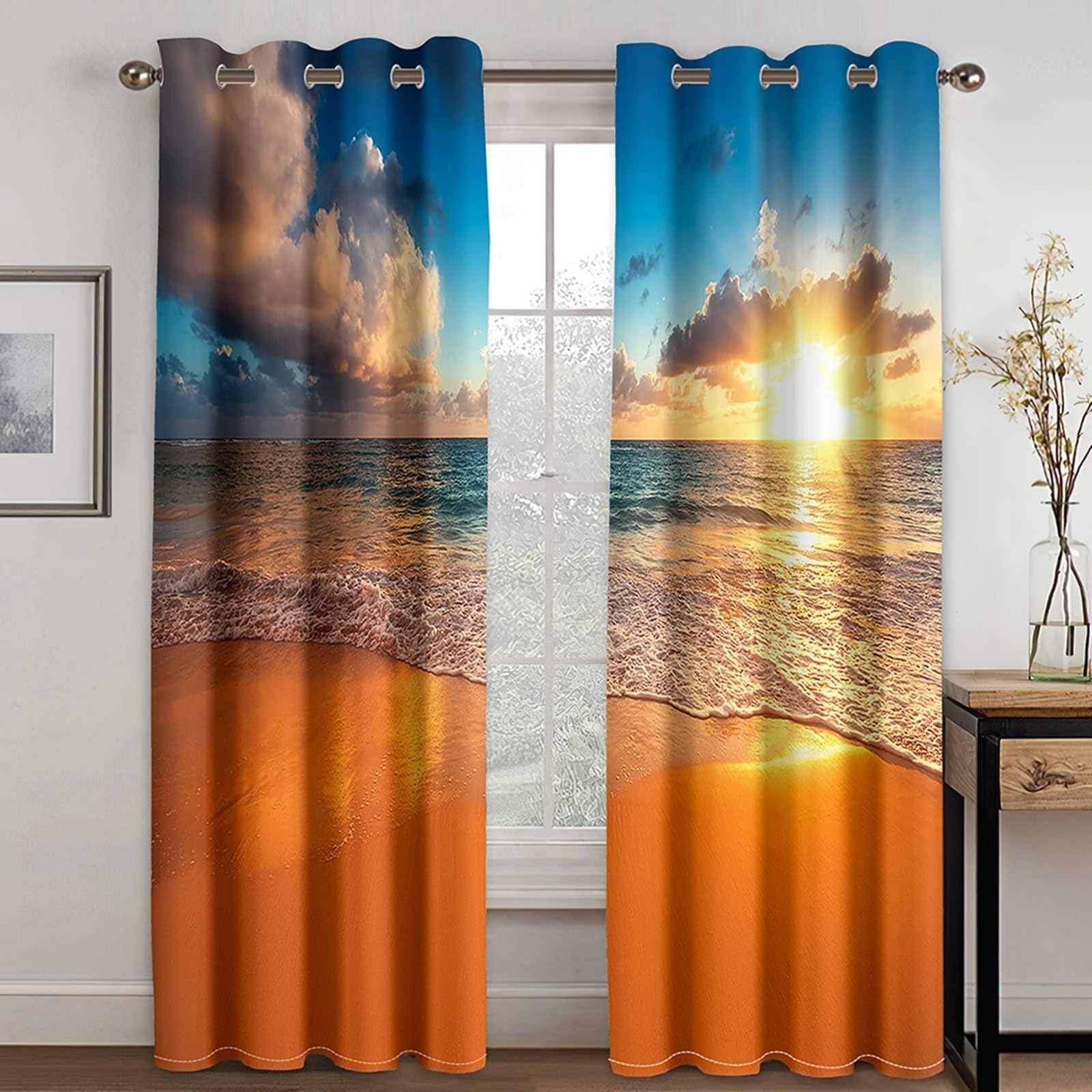 Wycian Tüe Vorhang Vorhänge Blau Orange 2 Er Polyester Sonnenuntergang Meer H244 X B107Cm für Schlafzimmer