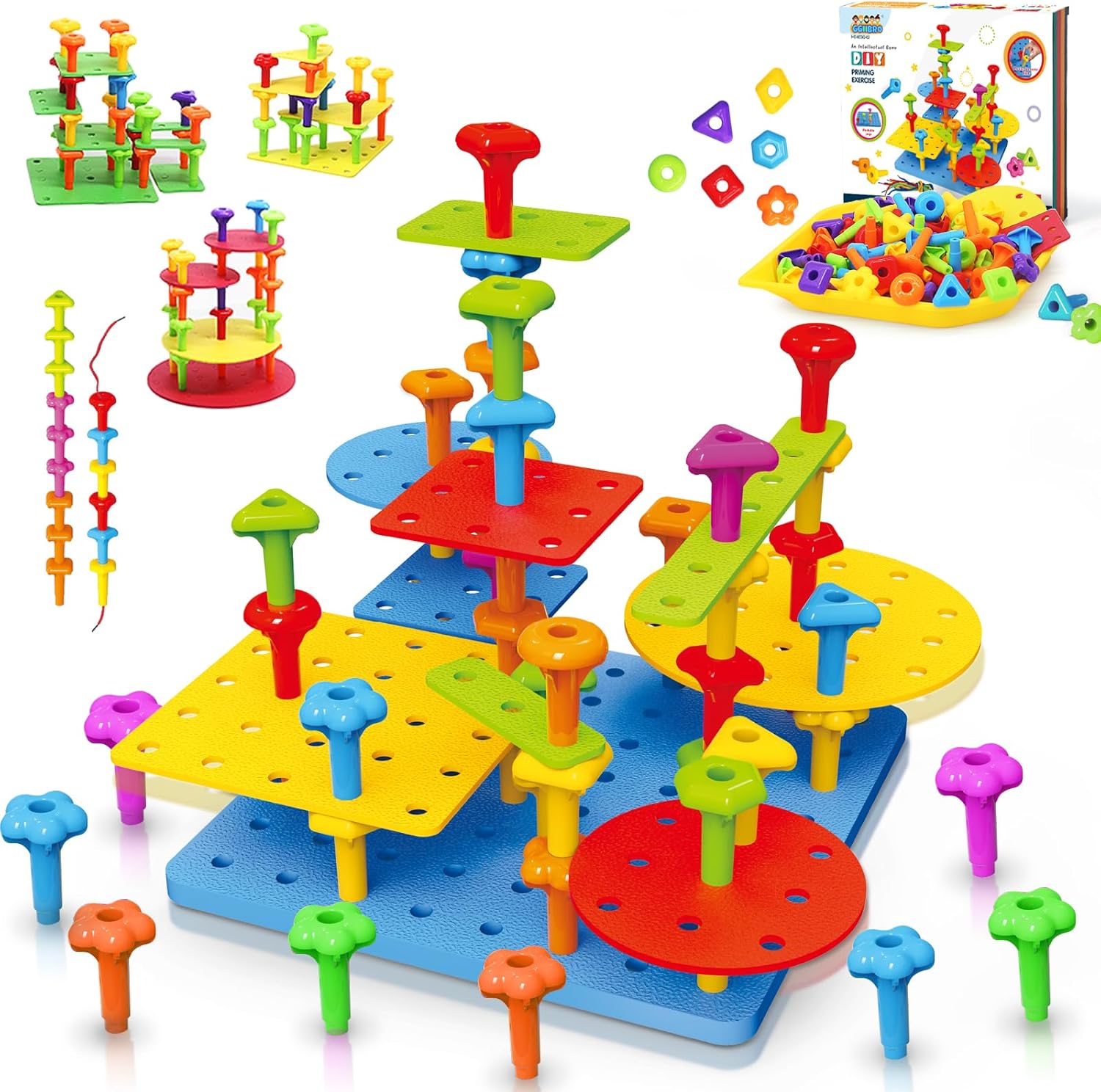 peg board toy set 73pcs diy building stacking toys for kids 3-6 years old,stem educational kids toy for brain development,montessori sensory toys,upgrade various foam board plastic lacing string game